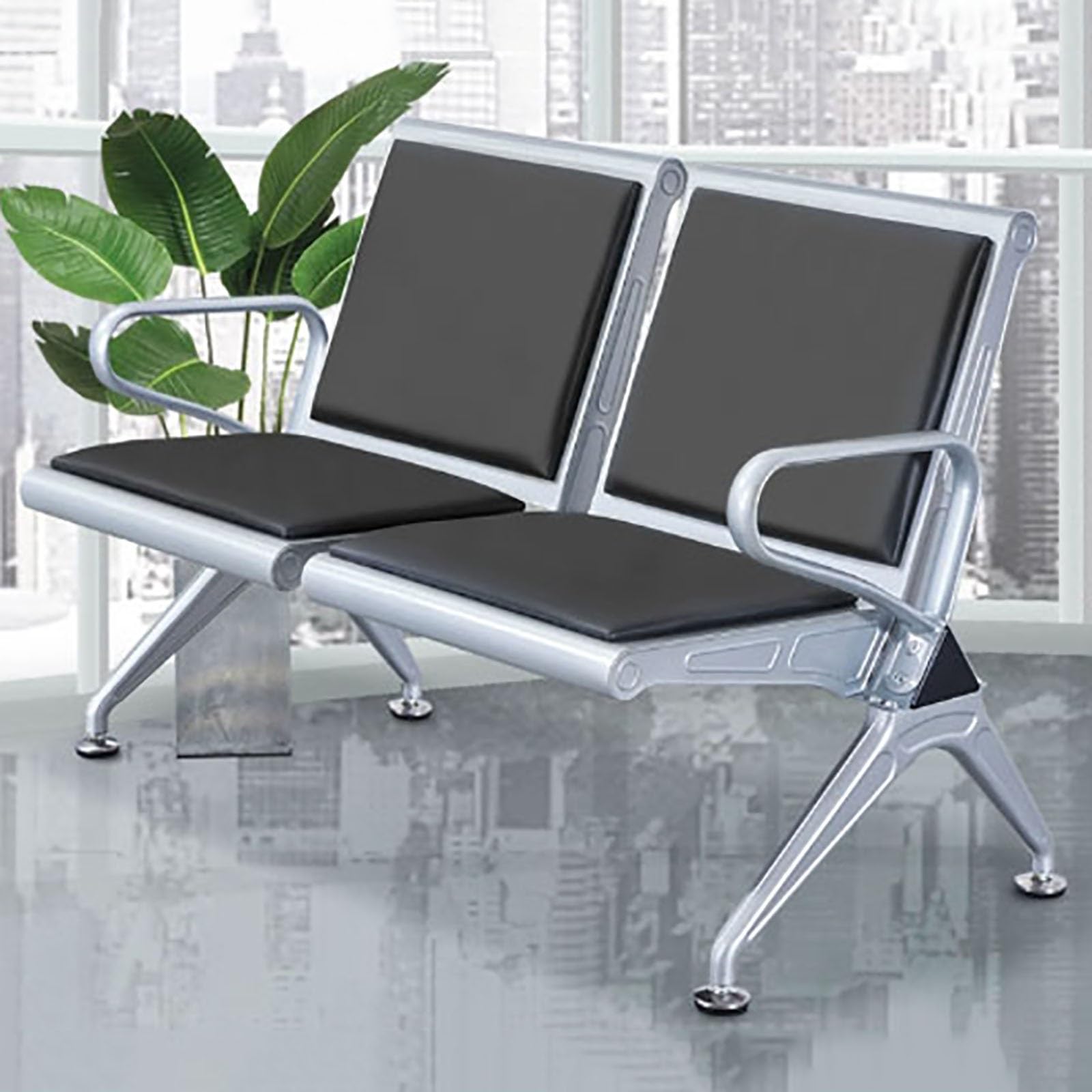 SaryEdge Blue 2-Seater Waiting Bench with Backrest & Armrests - Durable Cold Rolled Steel Reception Chairs for Airports, Salons & Lobbies - One Size,Negro-talla única,Negro-talla única