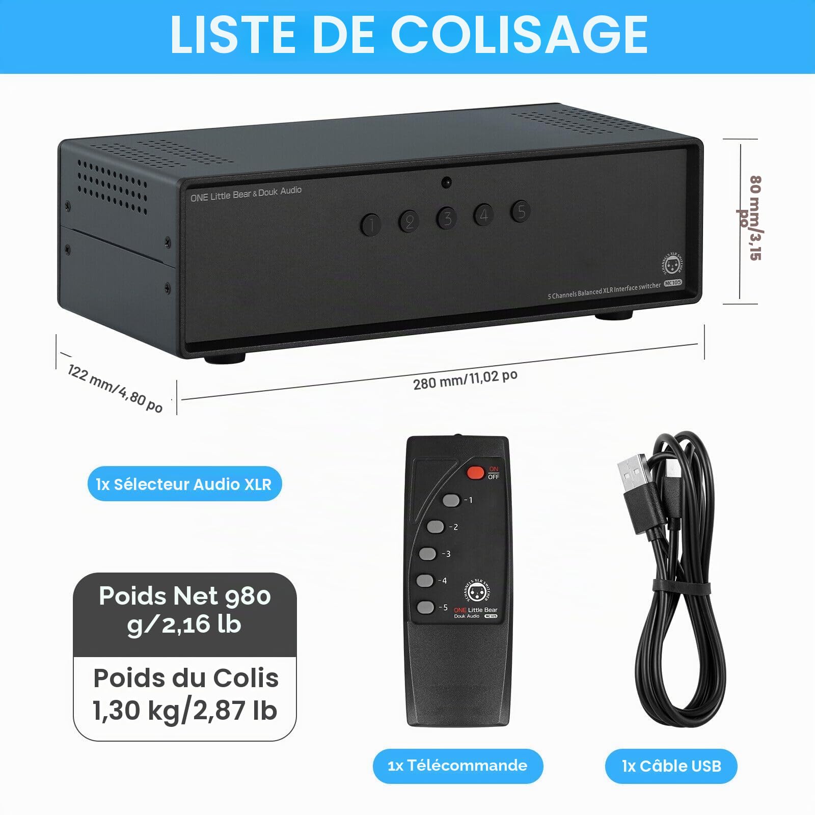 Douk Audio Commutateur audio équilibré XLR 5 ports 1(5)-IN-5(1)-Out Répartiteur (5-IN-1-OUT)
