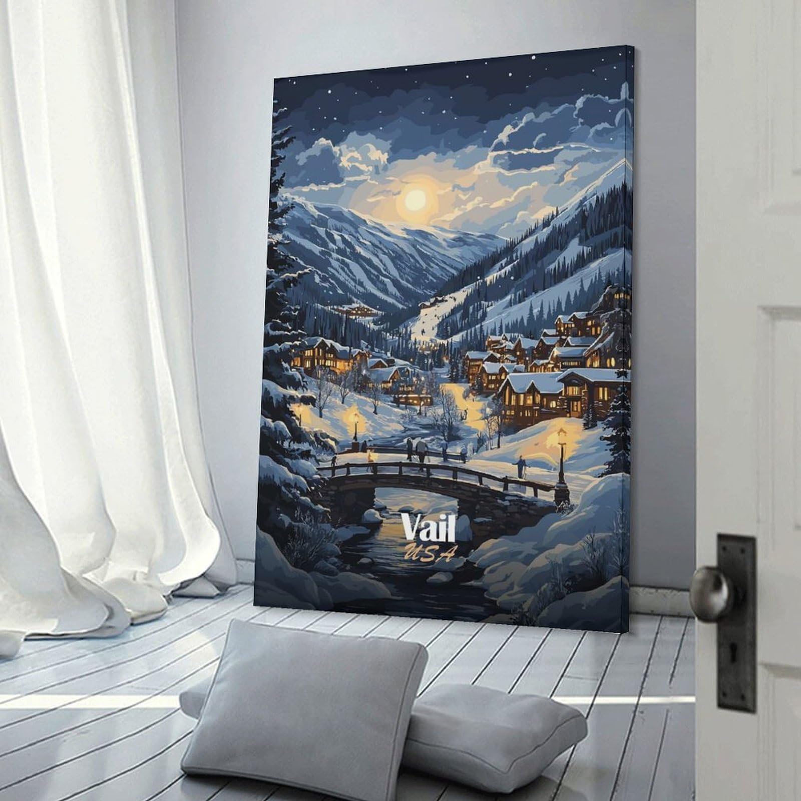 Junmoney Frame-Style-17 Vail, Colorado Winter Scene Decorative Wall Artwork 24X36inch(60X90cm), For Living Room, Bedroom, Office Or Hallway, Decorative Artwork With Broad Appeal