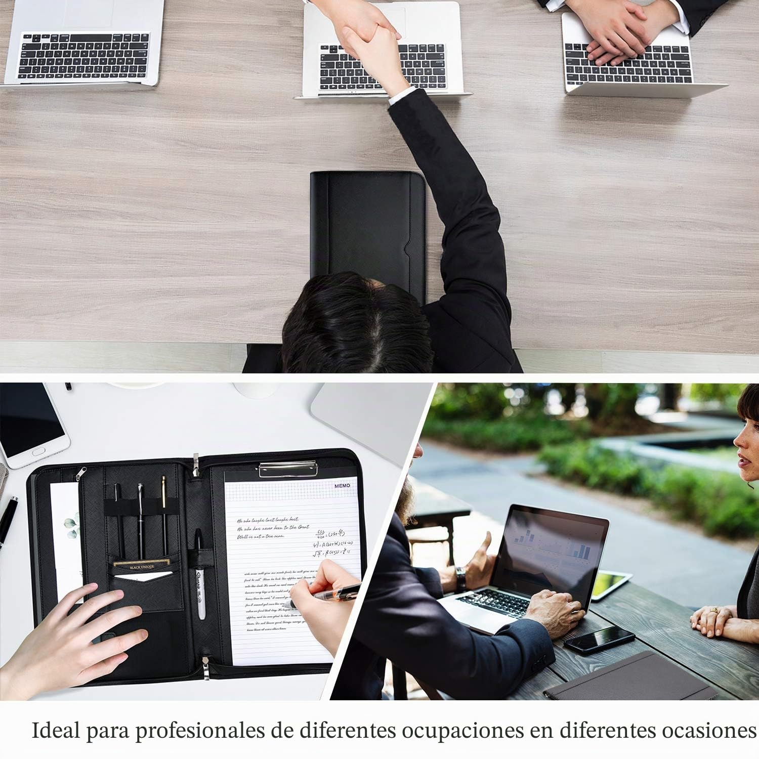 ProCase Portafolio Grande con Cremallera, Portacuaderno Profesional Organiza Documento/Tarjetas/Plumas, Bolsillo de Tableta y Móvil Carpeta de Cuaderno de Notas - Negro
