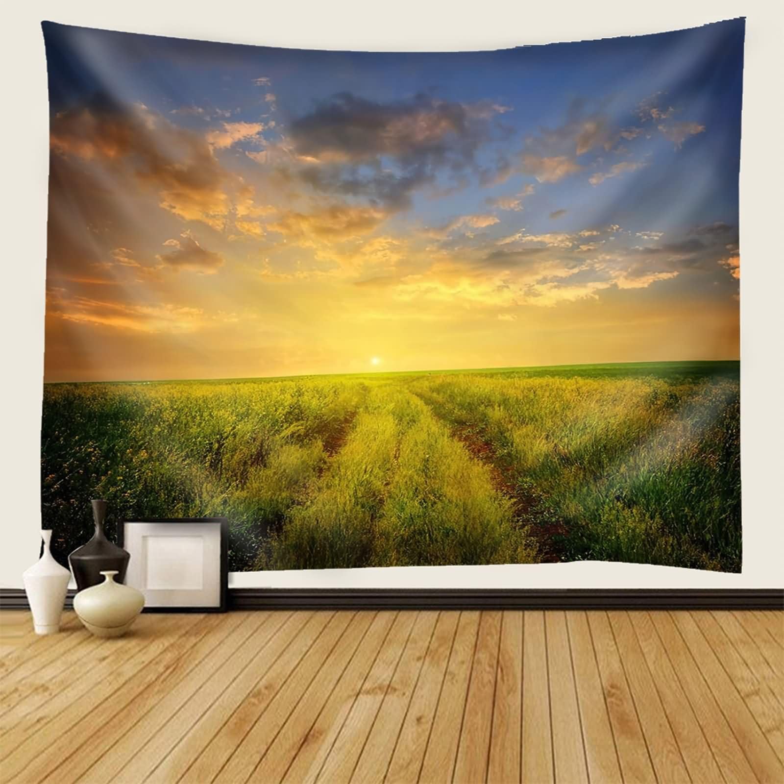 Homxi Tapiz Decorativo Sofá 260 x 240 CM,Paisaje de Césped y Atardecer Poliester Tapices de Pared Dormitorio Amarillo Verde