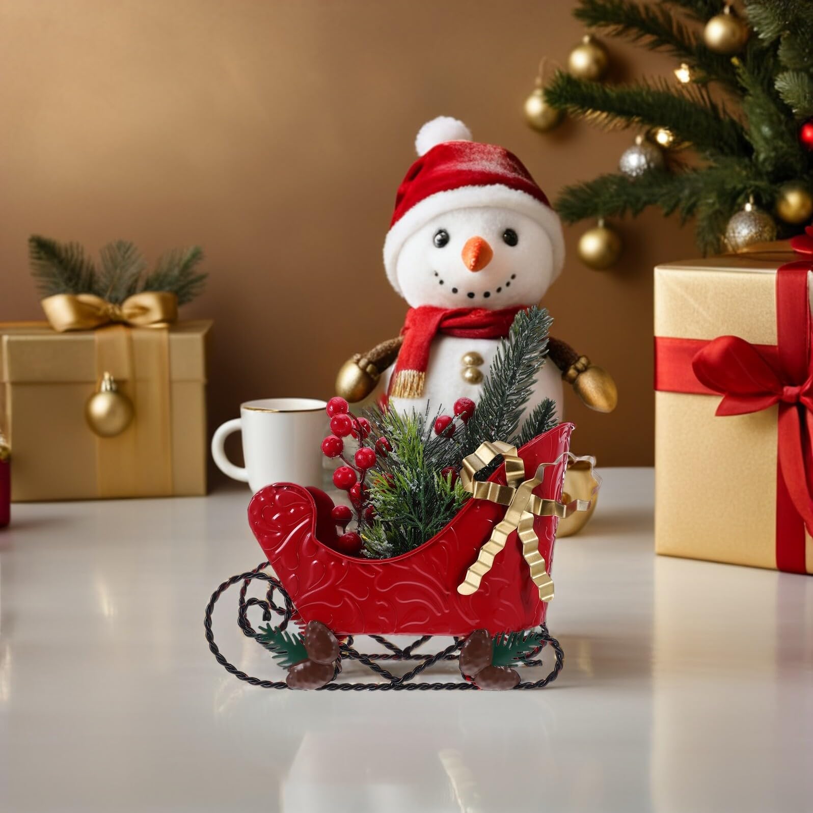 Cabilock Weihnachtliche Metall Schlittenfigur Miniaturschlitten Tischdekoration für Weihnachten Klassische Rentier Schlittenskulptur für Schreibtisch und Weihnachtsbaum