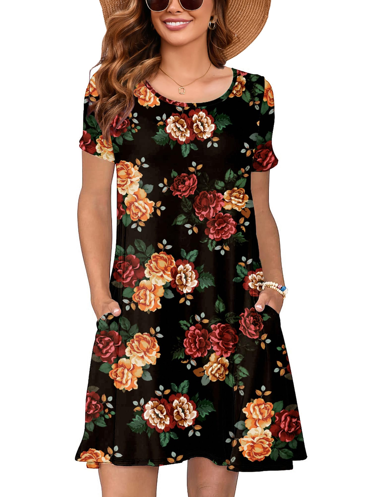 Heymoments Summer Dresses for Women Short Sleeve Crewneck Swing Sundress Casual A-Line Flowy Dress with Pockets S-2XL