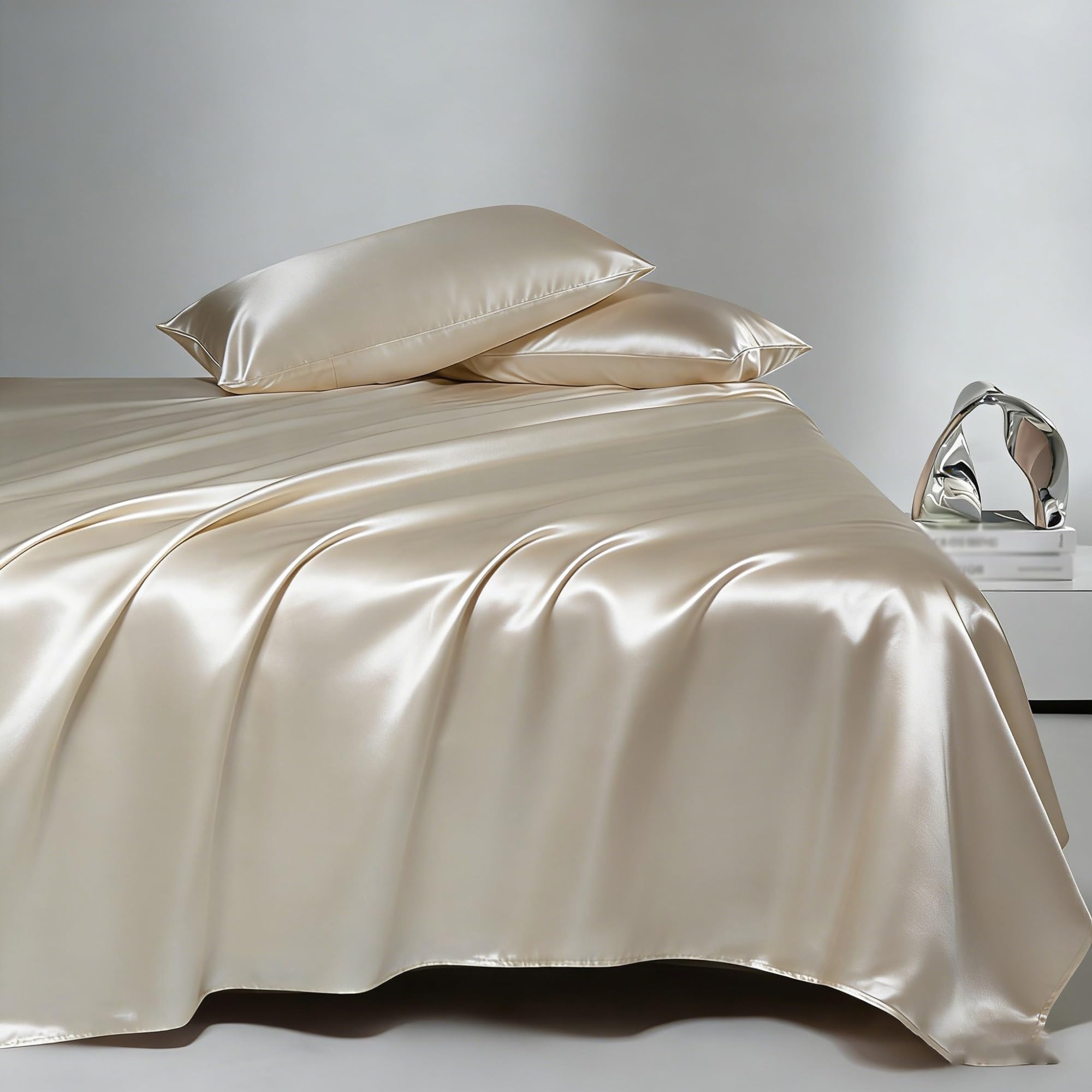 Sabanas encimeras de satén 170x230cm 230x250cm 250x250cm Sábana Plana Sedosa ultrasuave de Lujo Ropa de Cama Sedosa for el Cabello y la Piel(Light Gray A,250x250cm+48x74cm x2)
