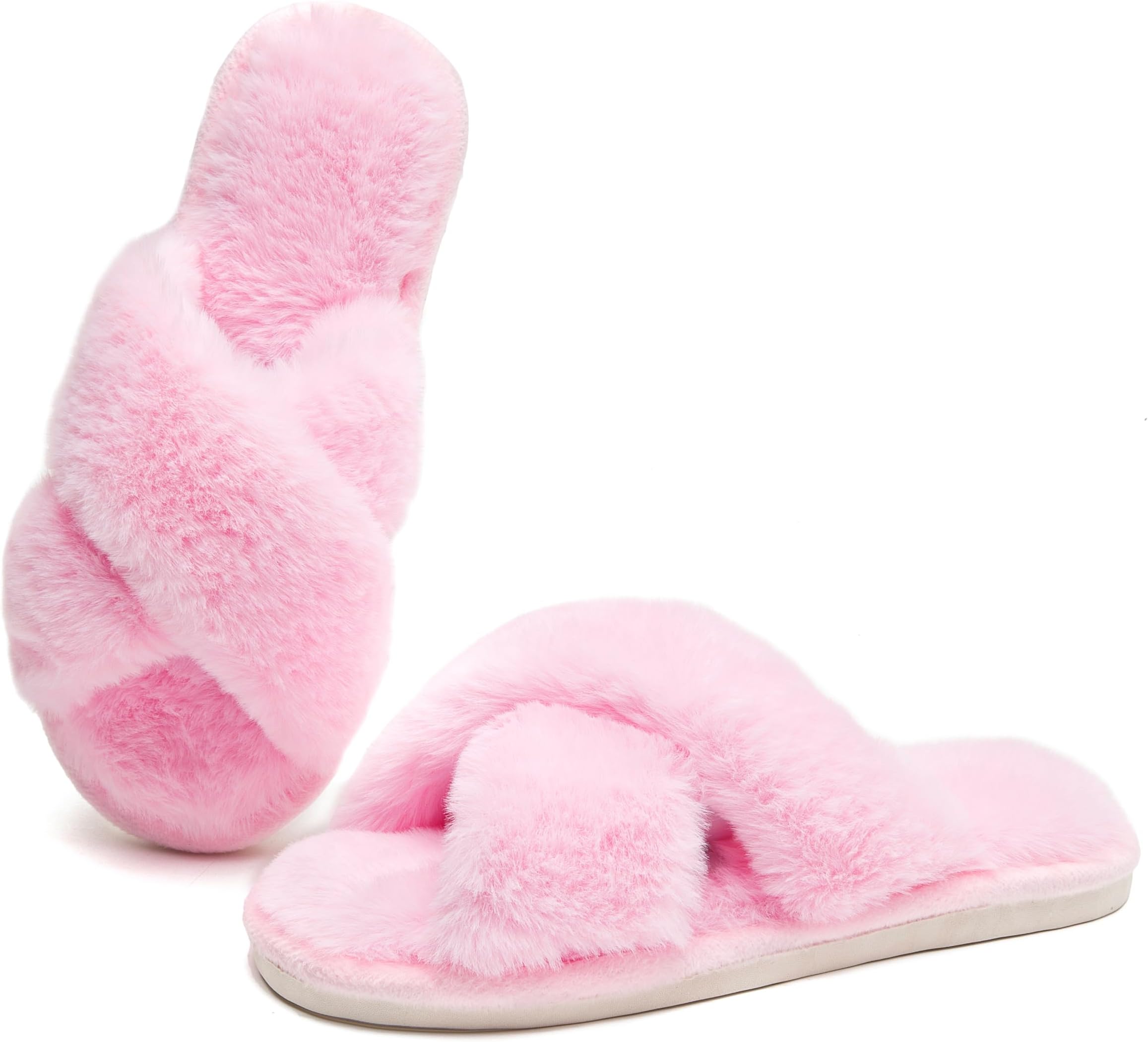 Women's Fuzzy Fluffy Furry Fur Slippers Flip Flop Open Toe Cozy House Sandals Slides Soft Flat Comfy Anti-Slip Spa Indoor Outdoor Slip on