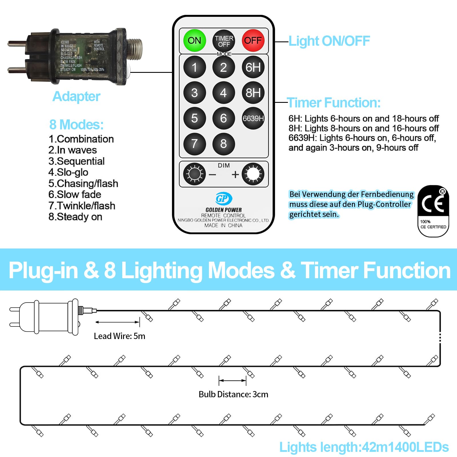 42m 1400 LED Lichterkette Außen Weiß Lichterkette Outdoor Wasserdicht 8 Modi mit Fernbedienung und Timer, Lichterkette Innen für Party Hochzeit Ostern Garten Balkon Weihnachtsbaum deko