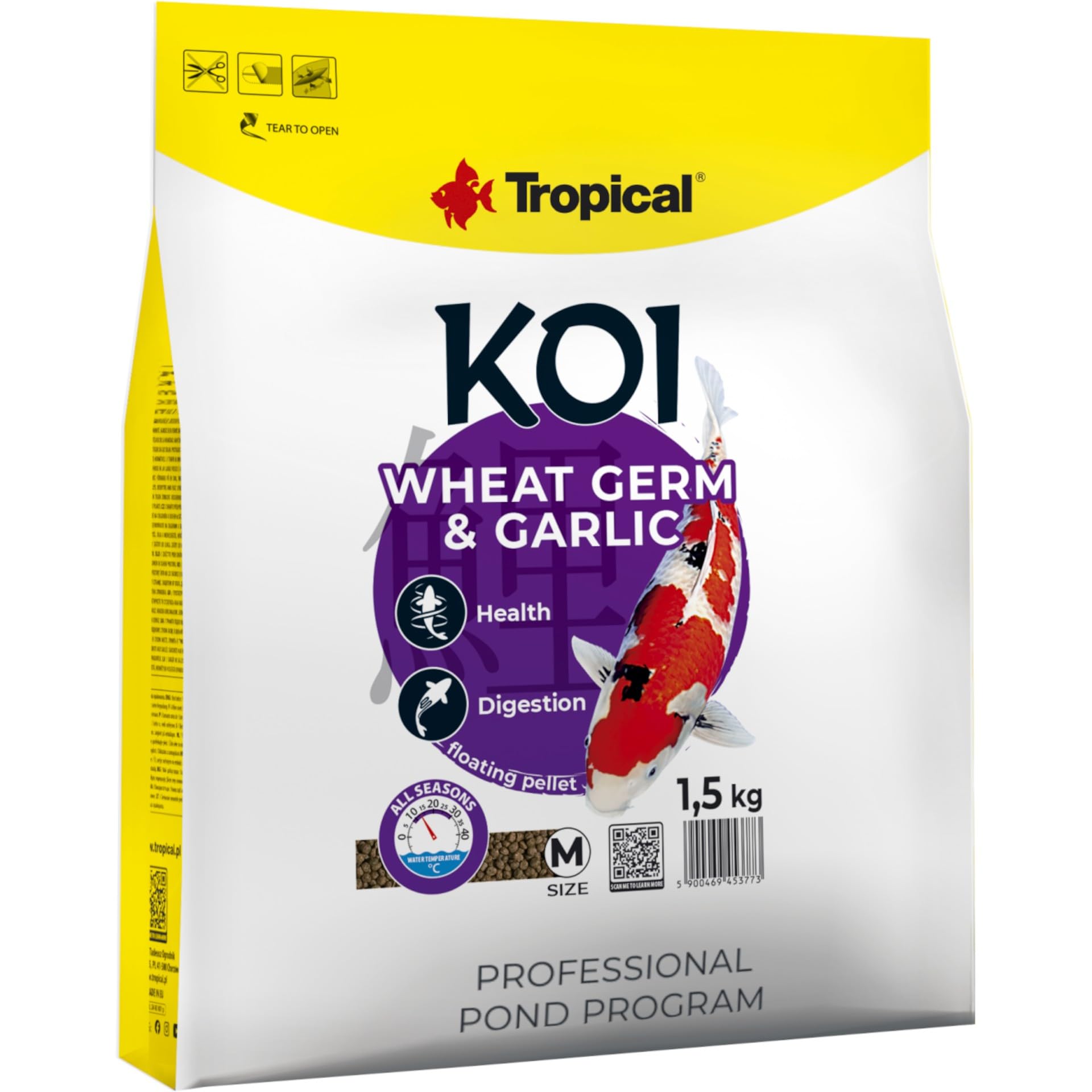 KOI WHEAT GERM & GARLIC PELLET SIZE M 5L / 1,5kg - mangime per piccoli pesci da laghetto, mangime quotidiano per koi, range di temperatura dell'acqua da 8 a 30°C.