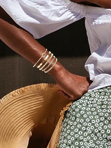 Miniatura 7 de PiercingJ Juego de pulseras apilables para mujer, delicadas pulseras de eslabones cubanos con cadena de cuentas doradas, clip de papel en capas,