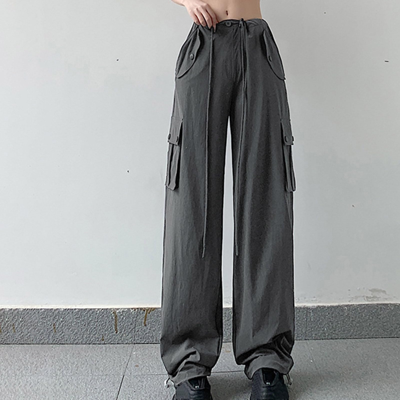 XUNRYAN Cargo Pants Girls Juniors Pants Low Waist Baggy Parachute Pants Wide Leg Utility Pants Streetwear Hippie Clothes Gray