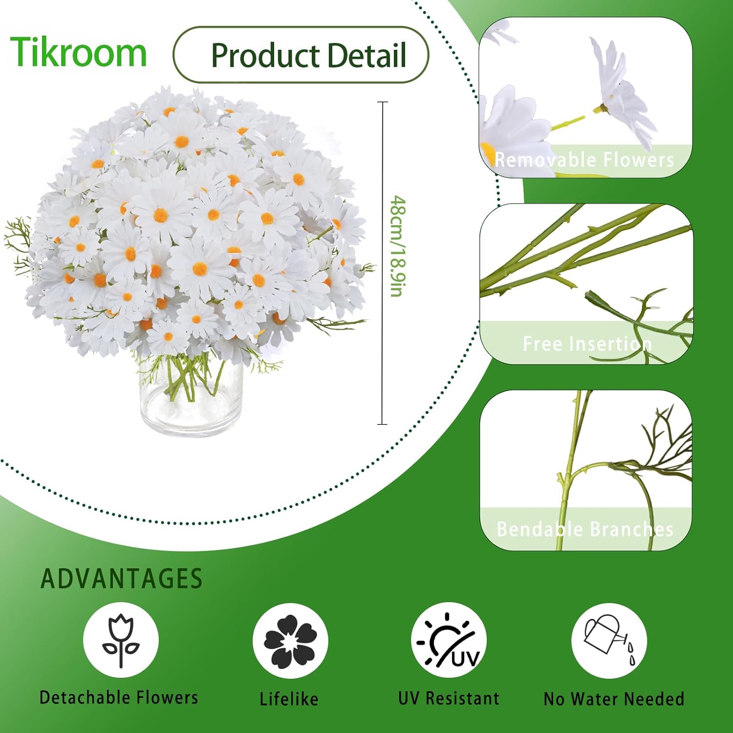 Artificial Daisy Flowers 18" White UV Resistant Outdoor Fake Flowers Faux Daisies with Stems for Home Garden Wedding Vase Decor Silk Wildflowers 8 Bundles - Image 6