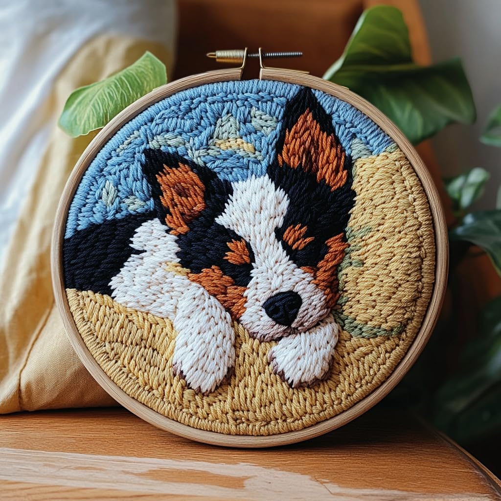 Punch Needle Kits Cartoon Baby Australian Cattle Dog Easy for Beginners DIY Punch Needle Yarn Starter Embroidery Set for Craft Lovers with Printed Pattern and Hoop for Home Decor 20x20cm(3)