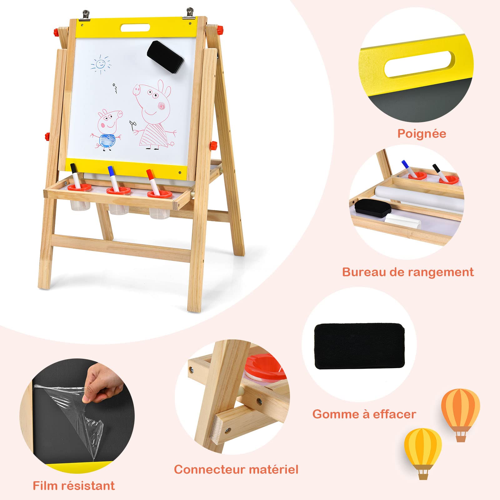 COSTWAY Chevalet Pliable 3-en-1 pour Enfants de 3+Ans, Chevalet d'Art en Bois avec Hauteur Réglable sur 5 Positions, Plateau de Rangement et Tableau à 2 Faces, 50,5 x 53,5 x 79-104 cm (Naturel+Jaune)