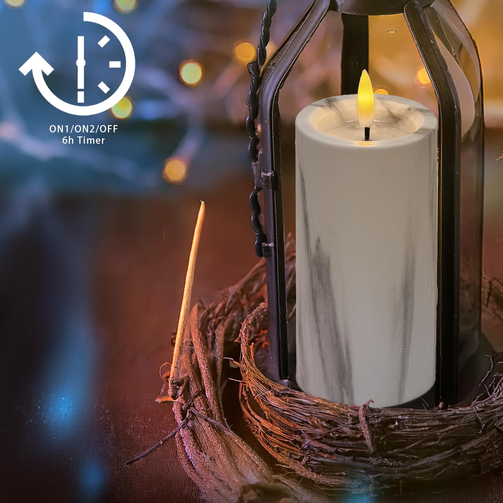 Marrakech Juego de 4 velas LED en mármol, decoración de mármol, 7,5 cm y 12 cm de alto, velas LED parpadeantes para exteriores, funciona con pilas, con función de temporizador para corona de Adviento,