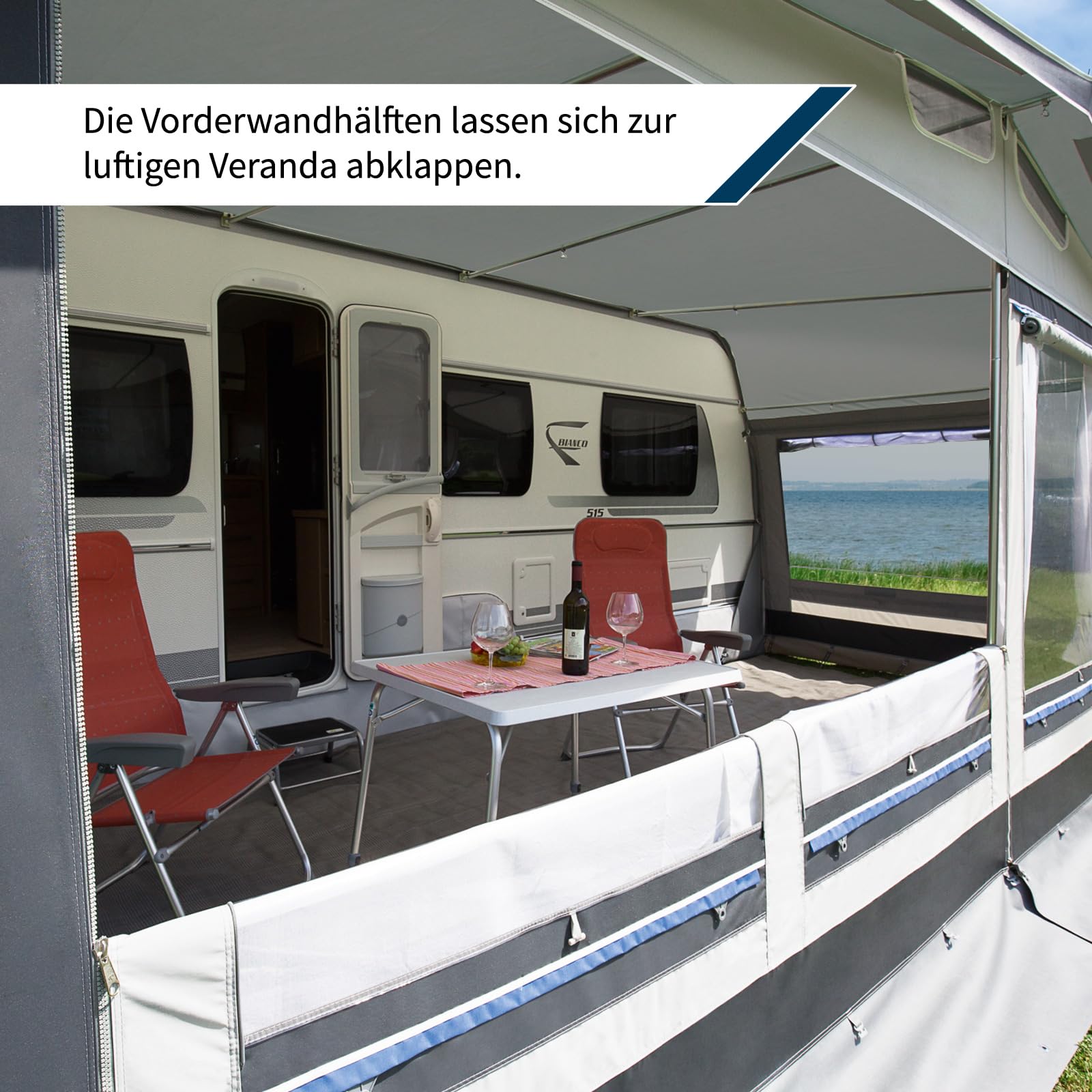 DWT Wohnwagen Vorzelt Polo für Reise- und Saisoncamping, 240 cm Tiefe, hochwertiges und beidseitig kunststoffbeschichtetes Polyestergewebe, 5-teiliges Zelt
