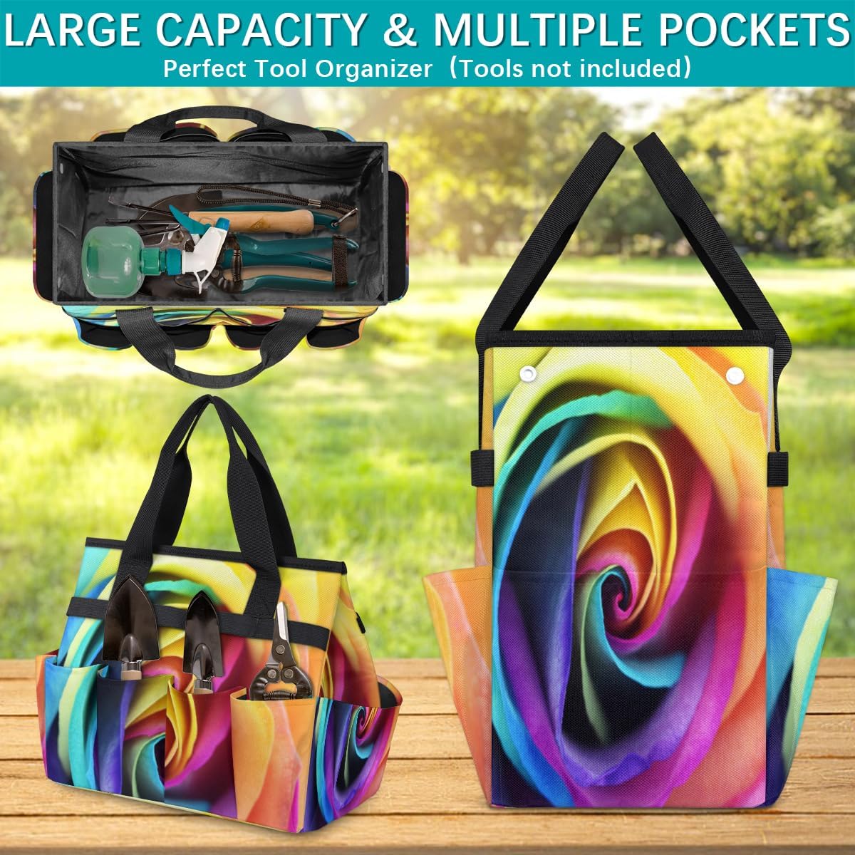 Colorful Rainbow Rose Garden Tool Bag Waterproof Gardening Tool Storage Bag with Handle & 10 Pockets Gardening Tote Bag for Women Garden Tool Organizer