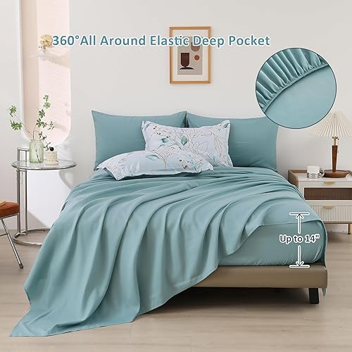 Miniatura 5 de WONGS BEDDING Juego de edredón Aqua tamaño King, 7 piezas Aqua Botanical Bed in a Bag Edredón completo de hojas doradas degradadas para todas las