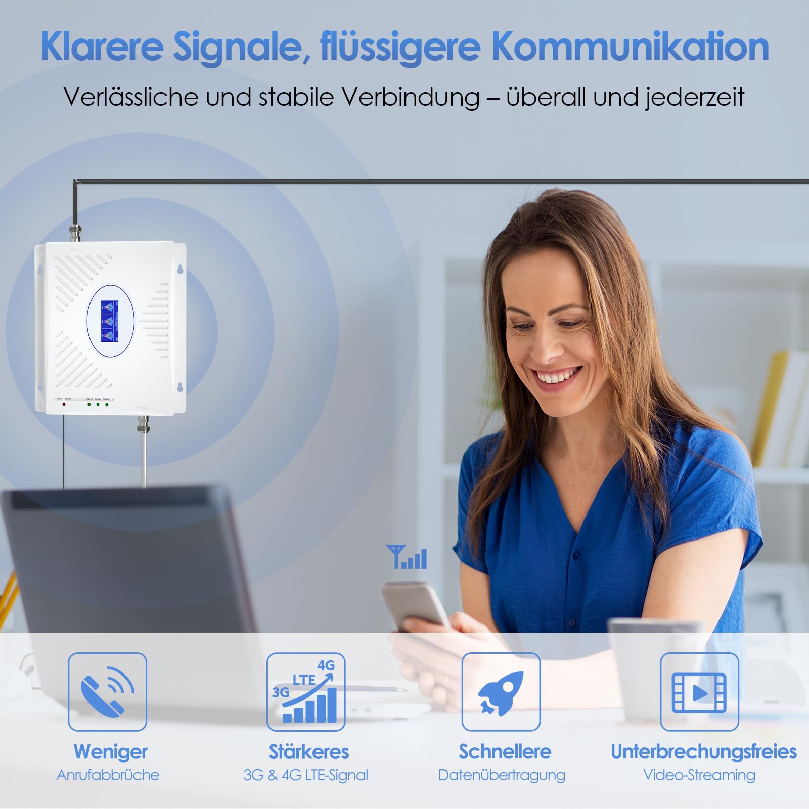 Mobilfunk Verstärker für Haus und Büro, 4G LTE 3G GSM Handy Empfangsverstärker Signalverstärker Band 3/7/20 800/1800/2600MHz Mobilfunk Repeater für Vodafone O2 Telekom T-Mobile