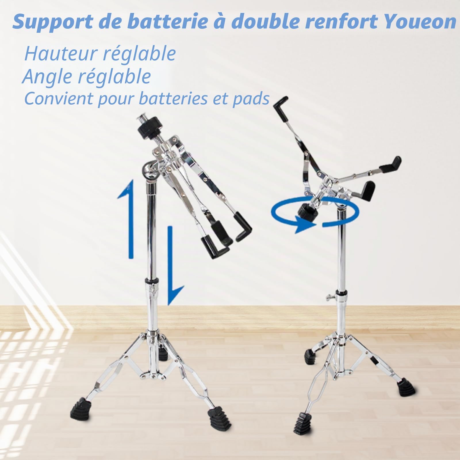 Youeon Support de caisse claire avec support de baguettes de batterie, trépied léger à double entretoise, convient pour caisse claire de 25,4 à 35,6 cm, hauteur réglable de 36,8 à 58,4 cm pour les