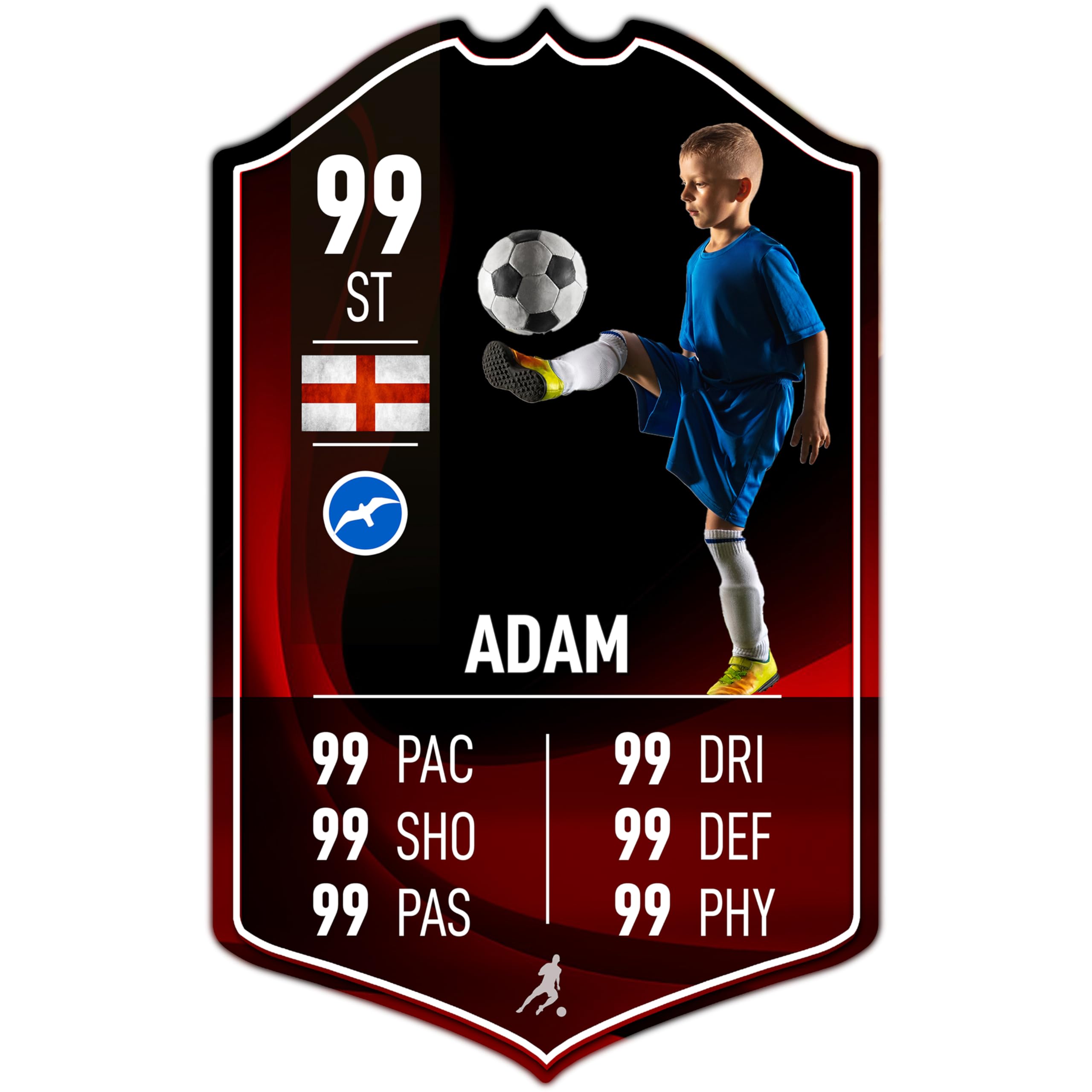 ShopQuality4U Personalised Football Cup Player Stats Card Sign - Red Design Printed Metal Shield Sign Wall Art A4 Player Add Name (28x17cm)
