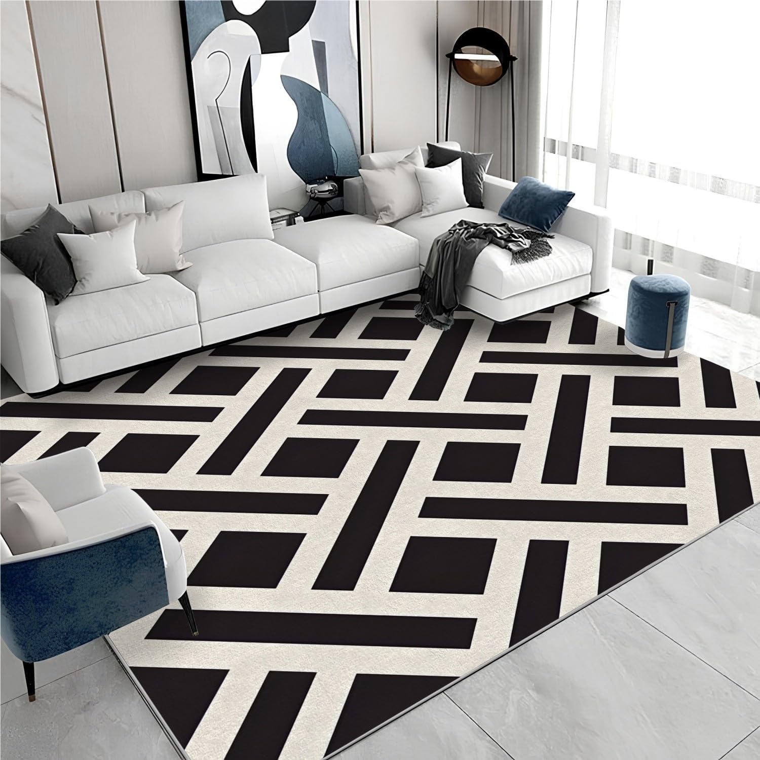 Indoor Floor 5x7 Rug - Vintage Rug 2x3 - Monaco Collection Area Rug for Living Room Bedroom, Black and White Carpet, Washable & Non Slip & Soft Small Entrance Rugs for Women Teens A97