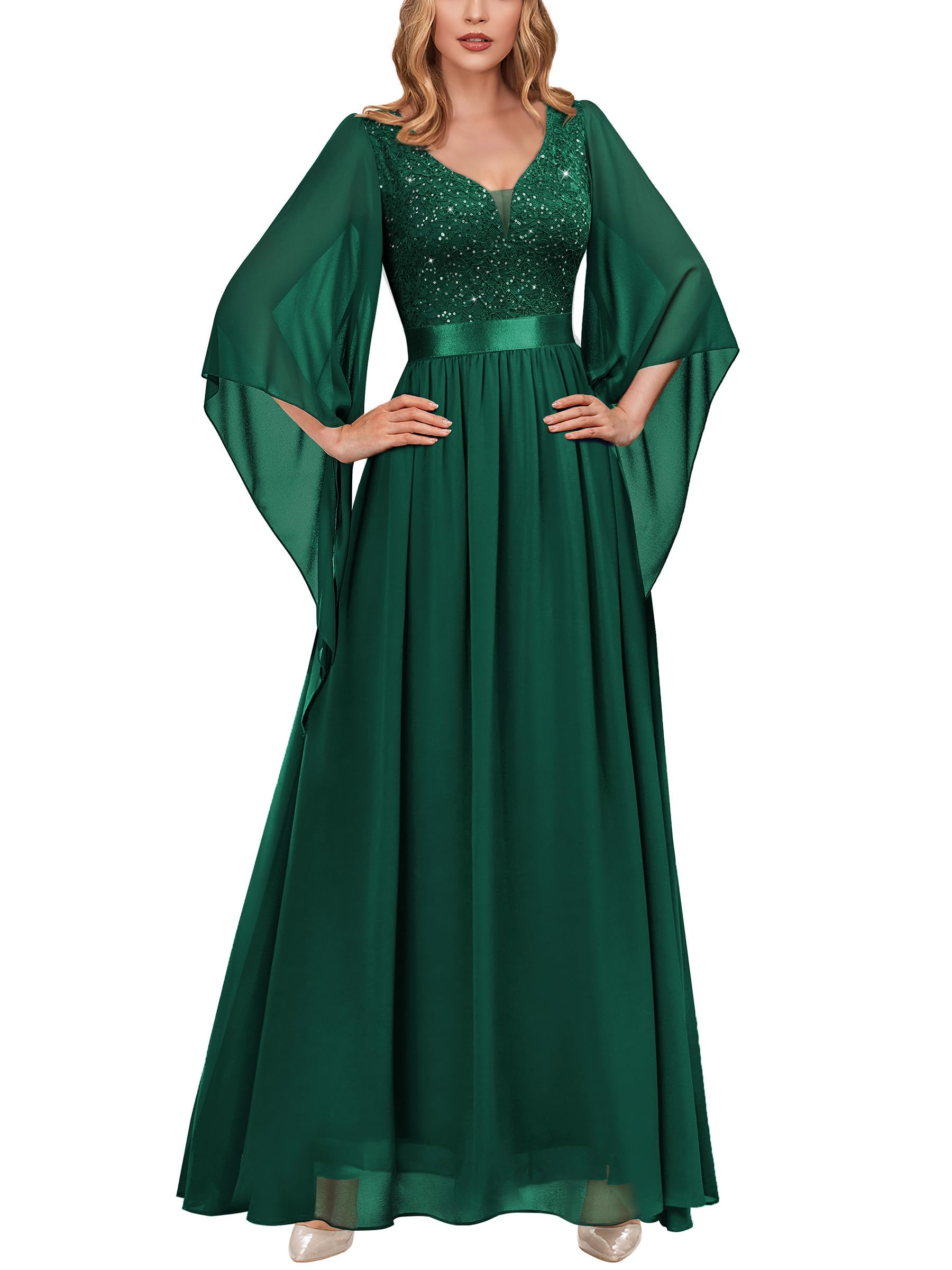 Miusol Women's Deep-V Neck Lace Contrast Sequin 3/4 Sleeve Formal Evening Maxi Dress