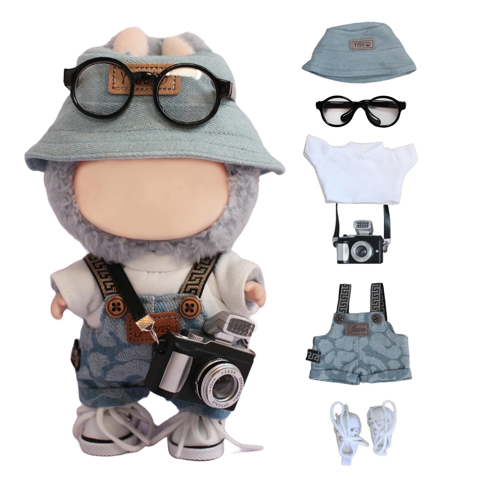 6 Piece 17cm Doll Clothes, Outfit Set with Accessories for 17cm Dolls, Denim Style Outfit Set with T-Shirt + Denim Overalls + Canvas Sneakers + Denim
