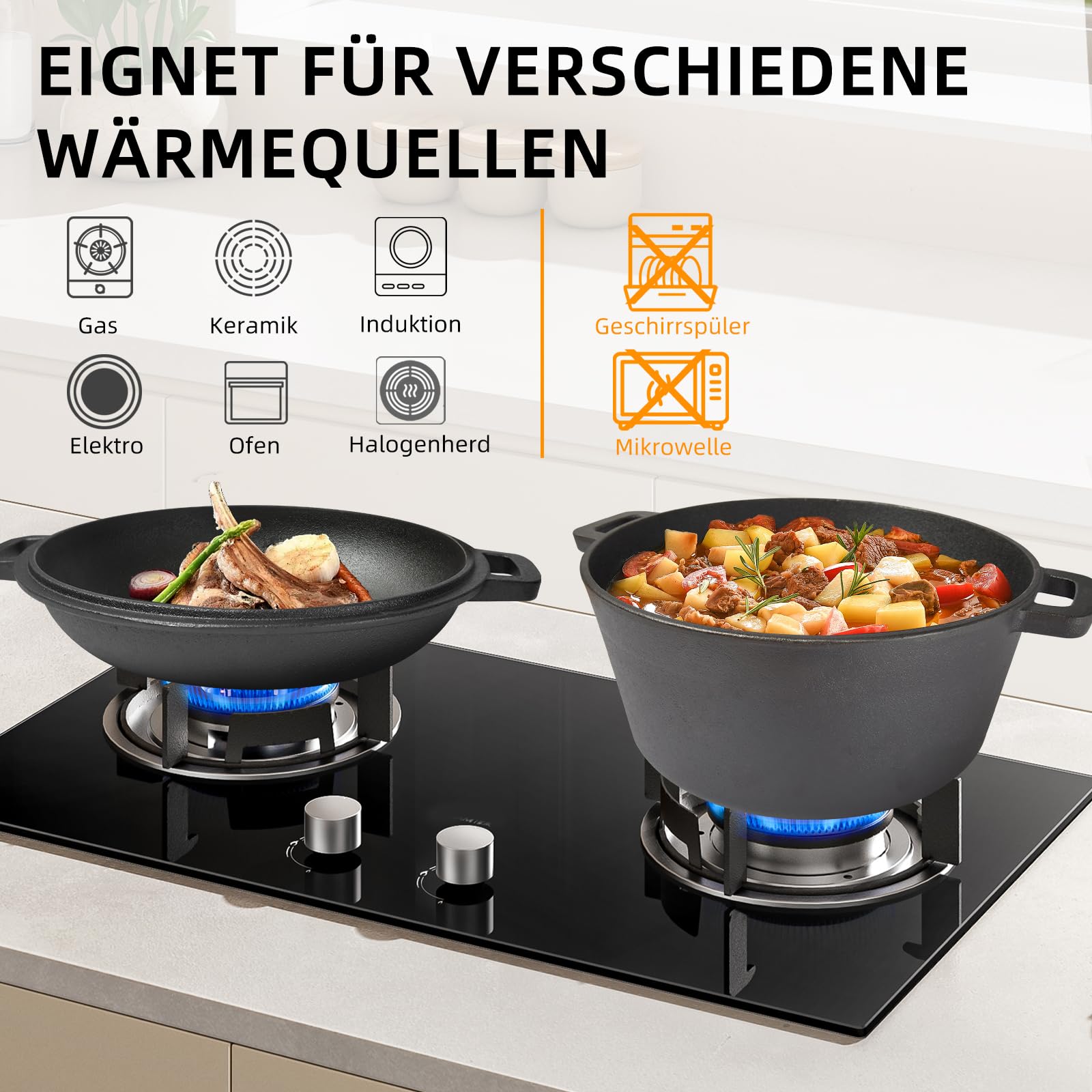 Casserole en fonte de 4,5 l - Couvercle tout-en-un - Idéale pour la cuisson du pain, le ragoût et la cocotte - Compatible avec induction, gaz, camping, feu, barbecue et barbecue - 26 cm (26 cm)