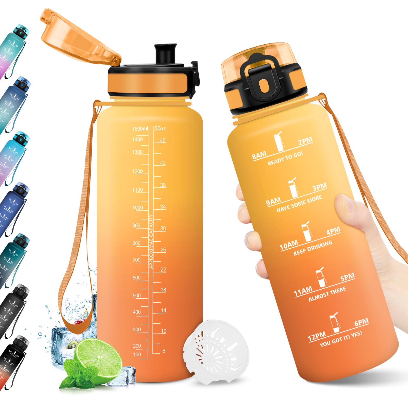 Trinkflasche 1.5L, Auslaufsicher, BPA-frei, Sport Wasserflasche, Trinkflasche mit Filter und Zeitmarkierung, Ideal für Gym, Yoga, Camping, Fahrrad, Schule, Büro, Erwachsene, Kohlensäure geeignet