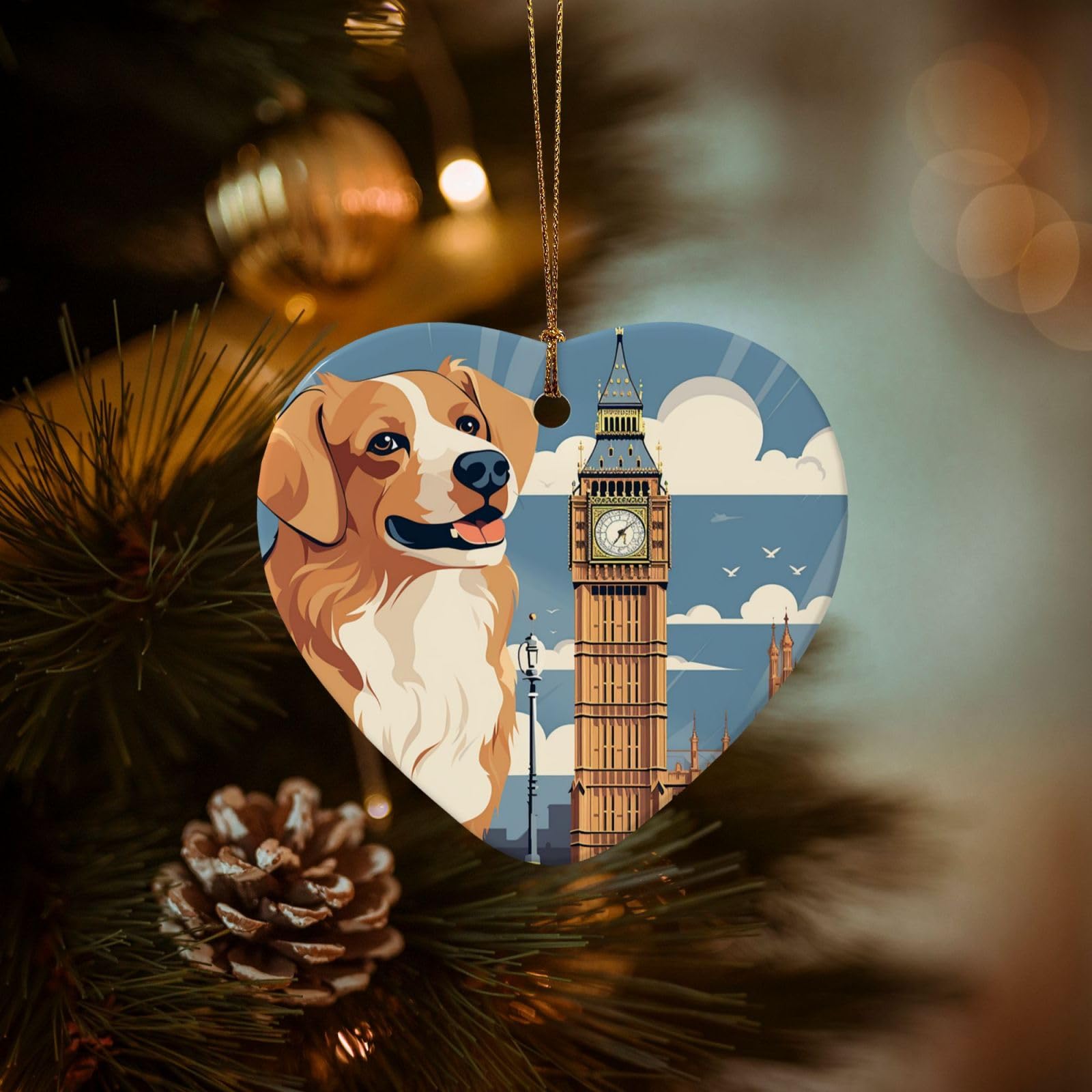 Christmas Tree Ornaments Ceramics Christmas Decorations Cute Dog Sitting Ornaments with Gold Ribbon Porcelain Xmas Tree Crafts Heart Shape Hanging Pendant for Christmas Tree Party Decor