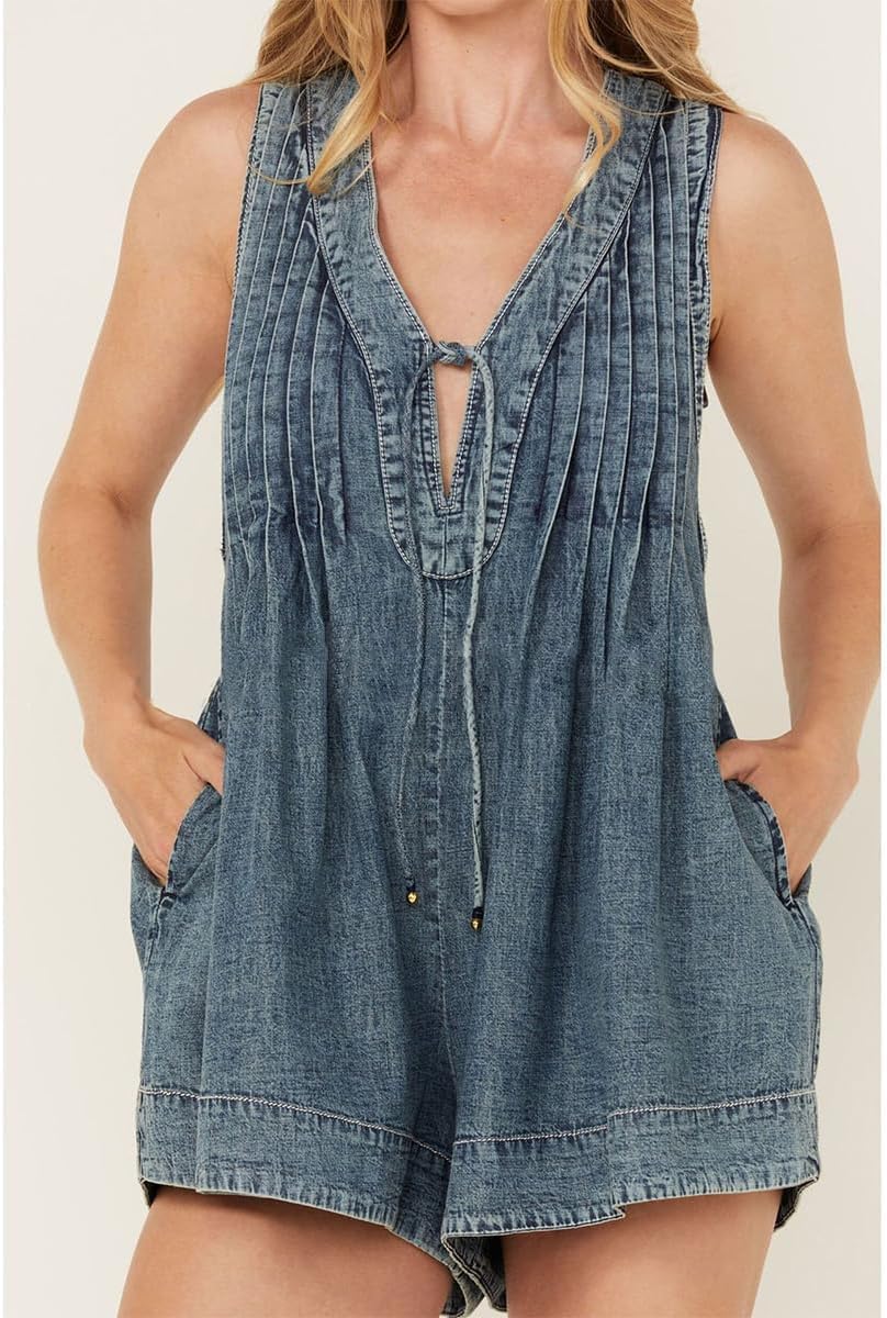 Womens Denim Romper Sleeveless Tie Front V Neck Casual Jean Overall Shorts Romper With Pockets - Image 2