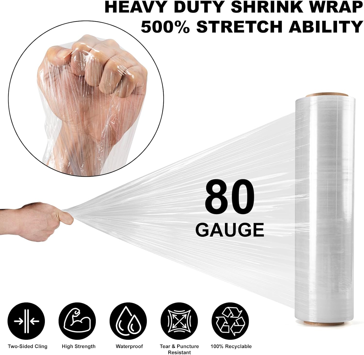 2 Rolls Clear Stretch Wrap 18" x 1000 FT x 80 Gauge, Industrial Heavy Duty Stretch Wrap Shrink Film, Durable Self-Adhering for Packing, Moving, Pallet, Included Wrap Holder