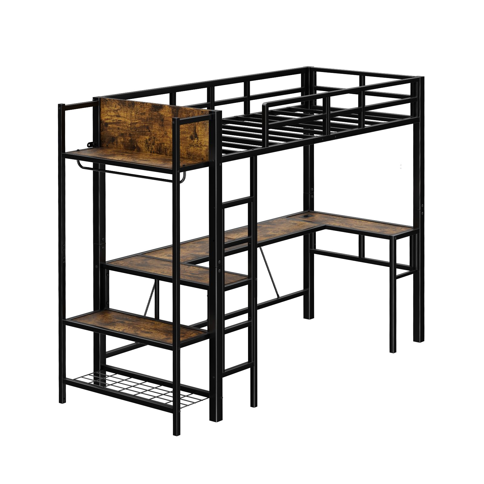 EGGREE Letto a Soppalco 90x200 cm con Scrivania a L, Presa e USB, Letto in Metallo con Appendiabiti, Scarpiera e Ripiani, Letto Salvaspazio per Cameretta, Nero