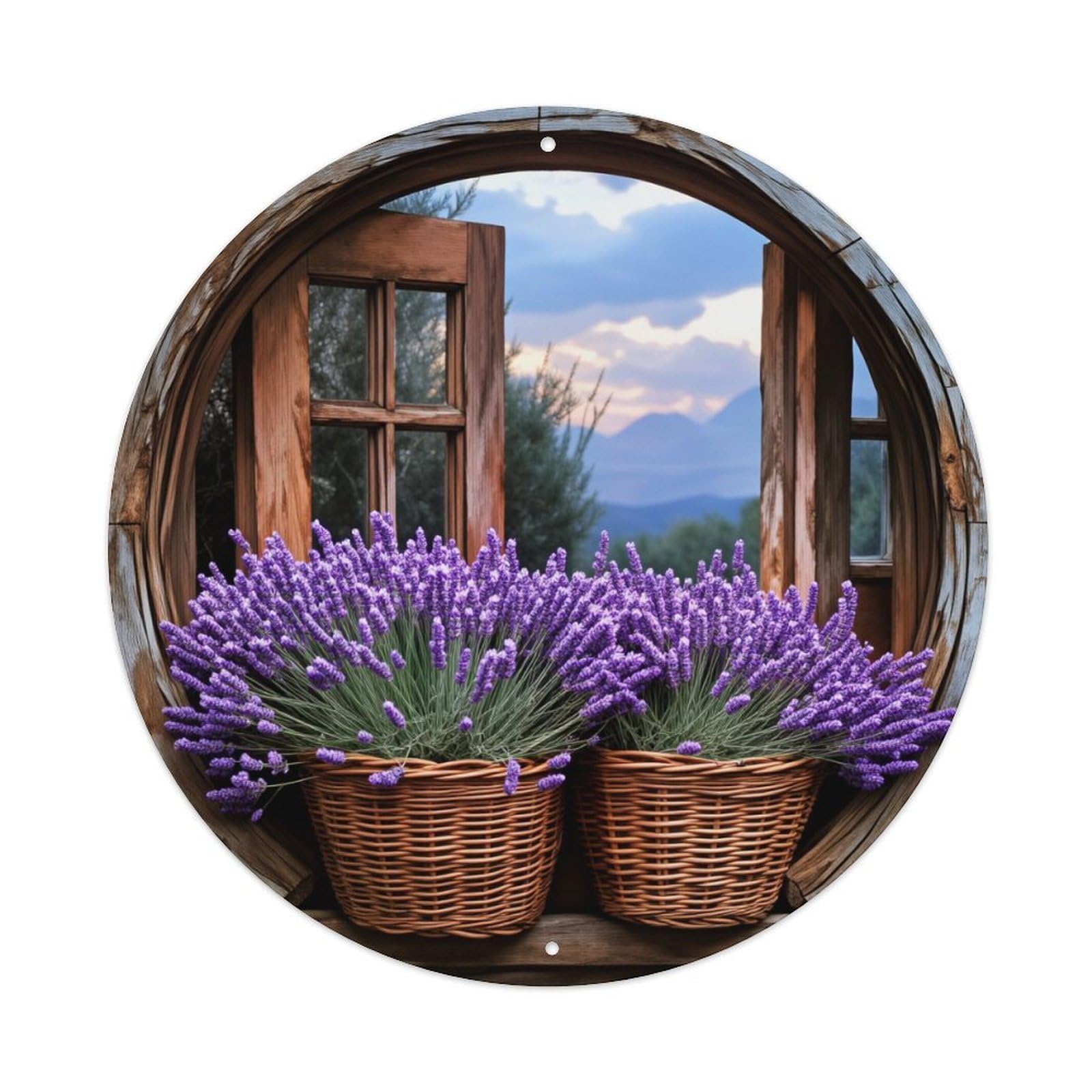 Lavender Baskets Window Mountains Round Tin Sign Vintage Metal Poster, Home Bar Garage Man Cave Cafe Indoor & Outdoor Wall Decoration 8x8Inches