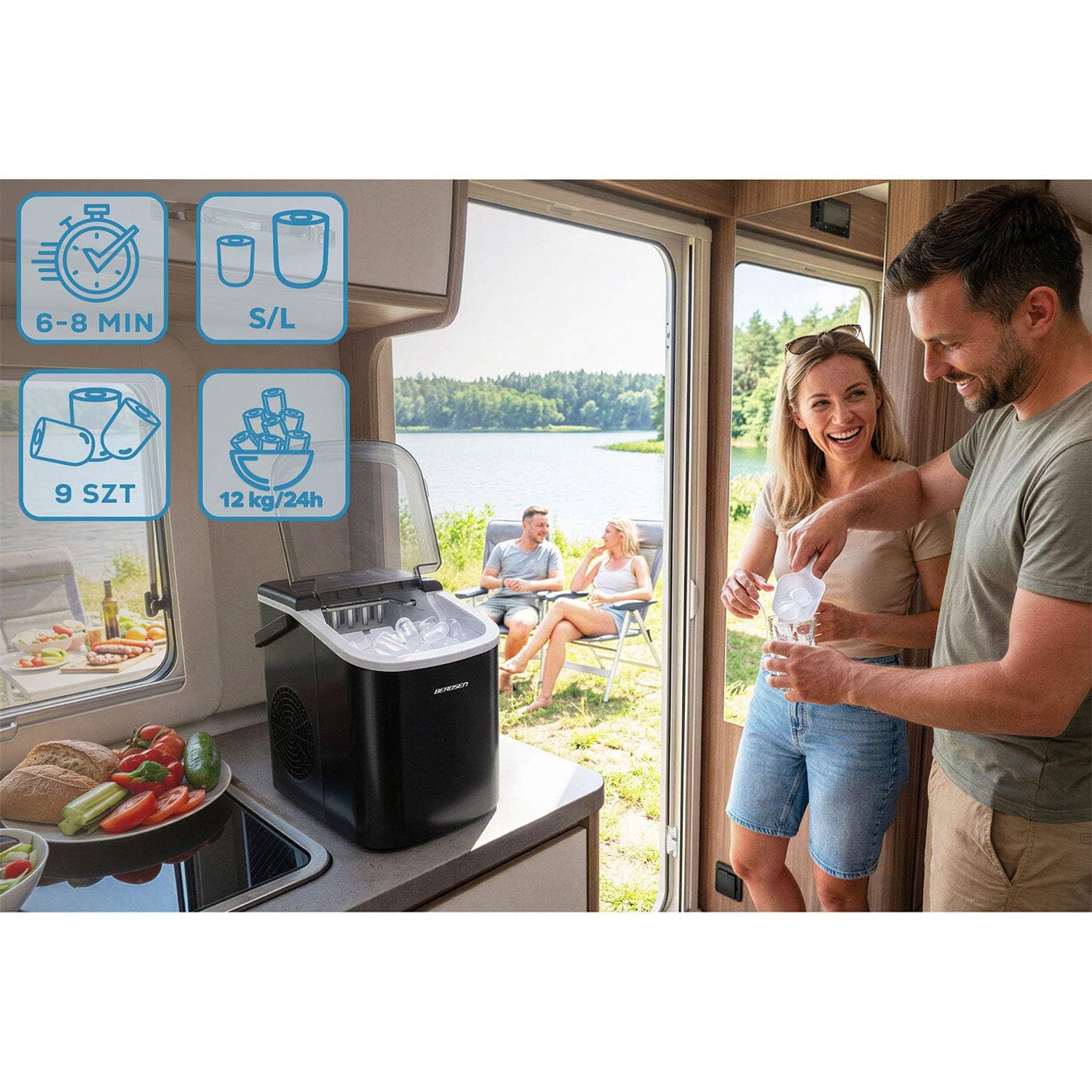 Berdsen Máquina de cubitos de hielo 12 kg/24 h – 9 cubitos de hielo en 6 – 8 minutos – Máquina para cubitos de hielo con 2 tamaños S y L – Compacta para cócteles, bebidas y bebidas – Autolimpiable