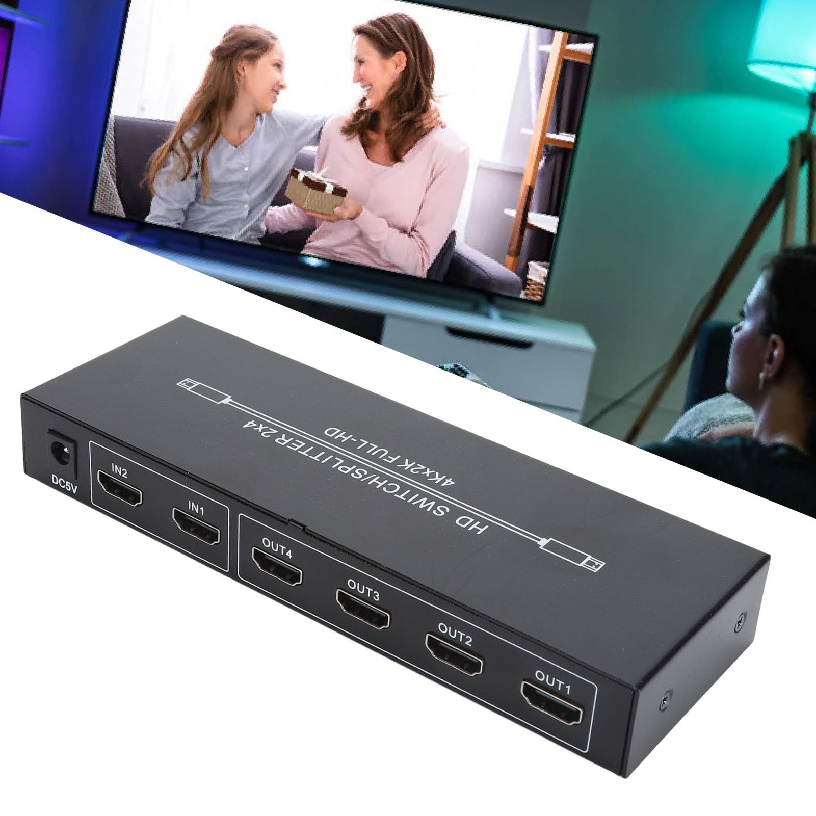 Splitter HDMI 2 in 4 Uscite, HDMI 4K con Telecomando per Collegare Desktop, Laptop, Console di Gioco a Monitor, TV, Proiettori (Spina europea)