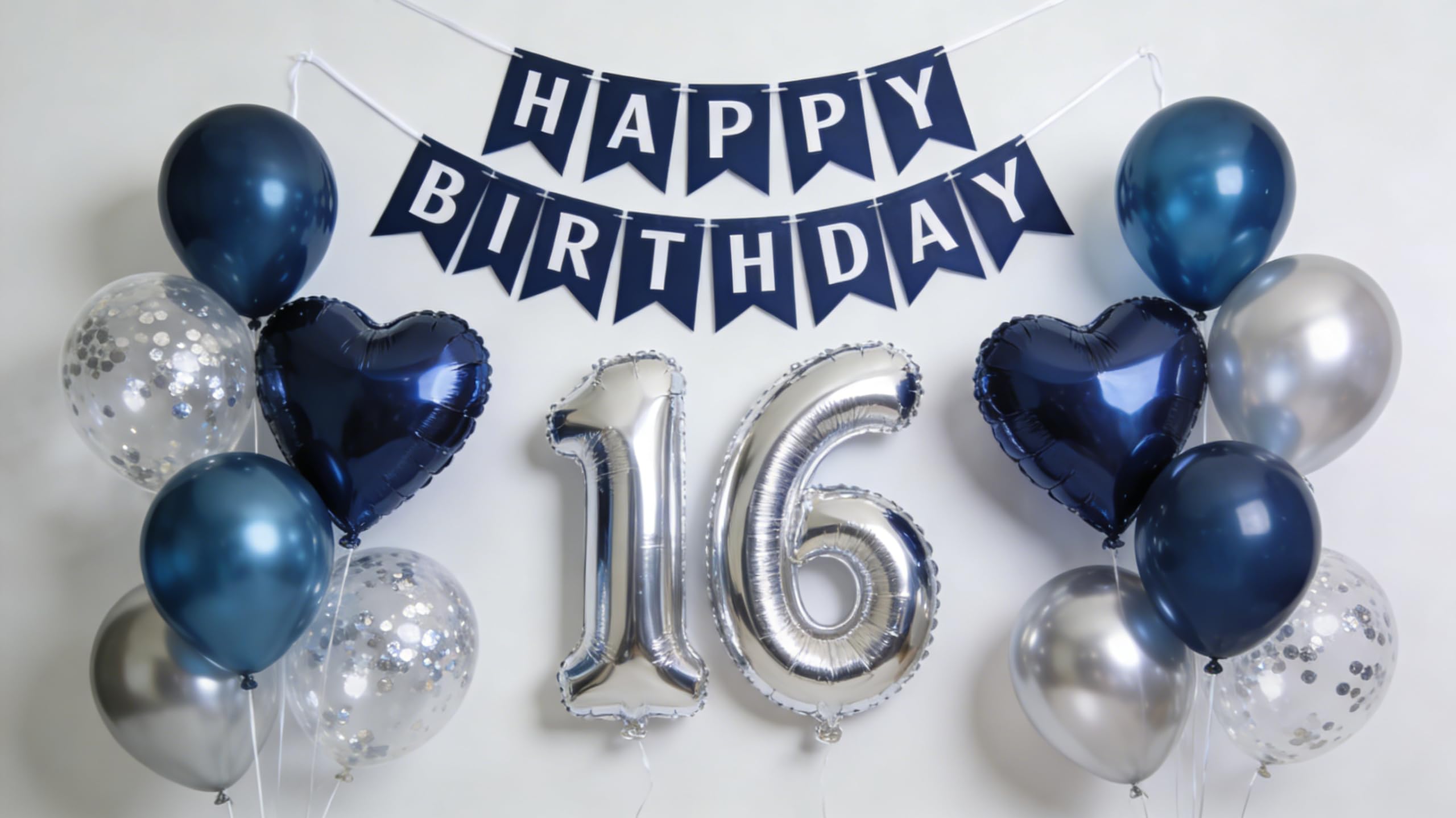 16th Metallic Silver Blue Heart Birthday Party Decorations, Birthday Banner Number 16 Foil Confetti Latex Balloons for 16 Years Old Birthday Supplies Boys Girls(16th)