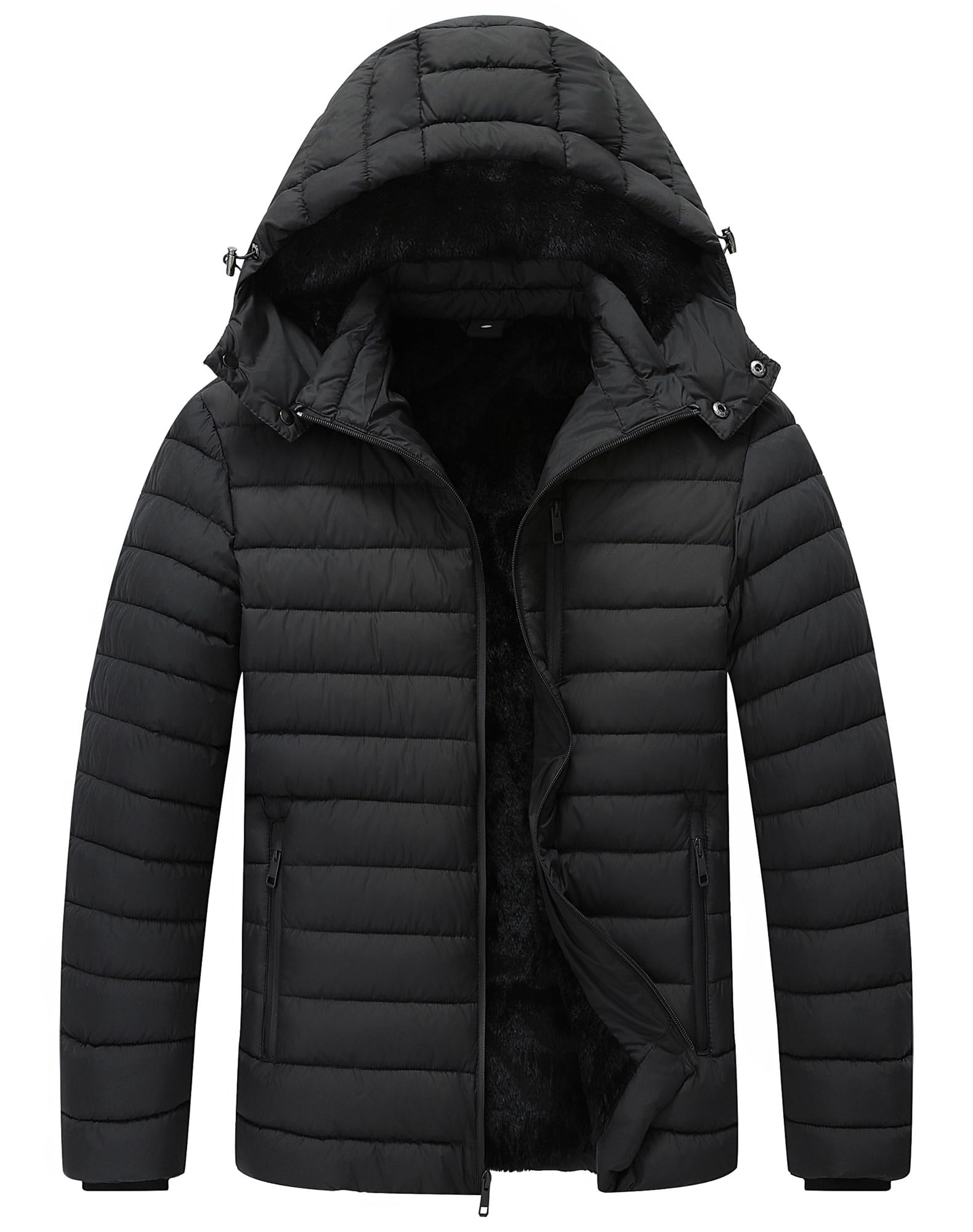 Mens Quilted Puffer Down Coat Windproof Waterproof Flannel Lined Detachable Hood Thicken for Winter Warmth