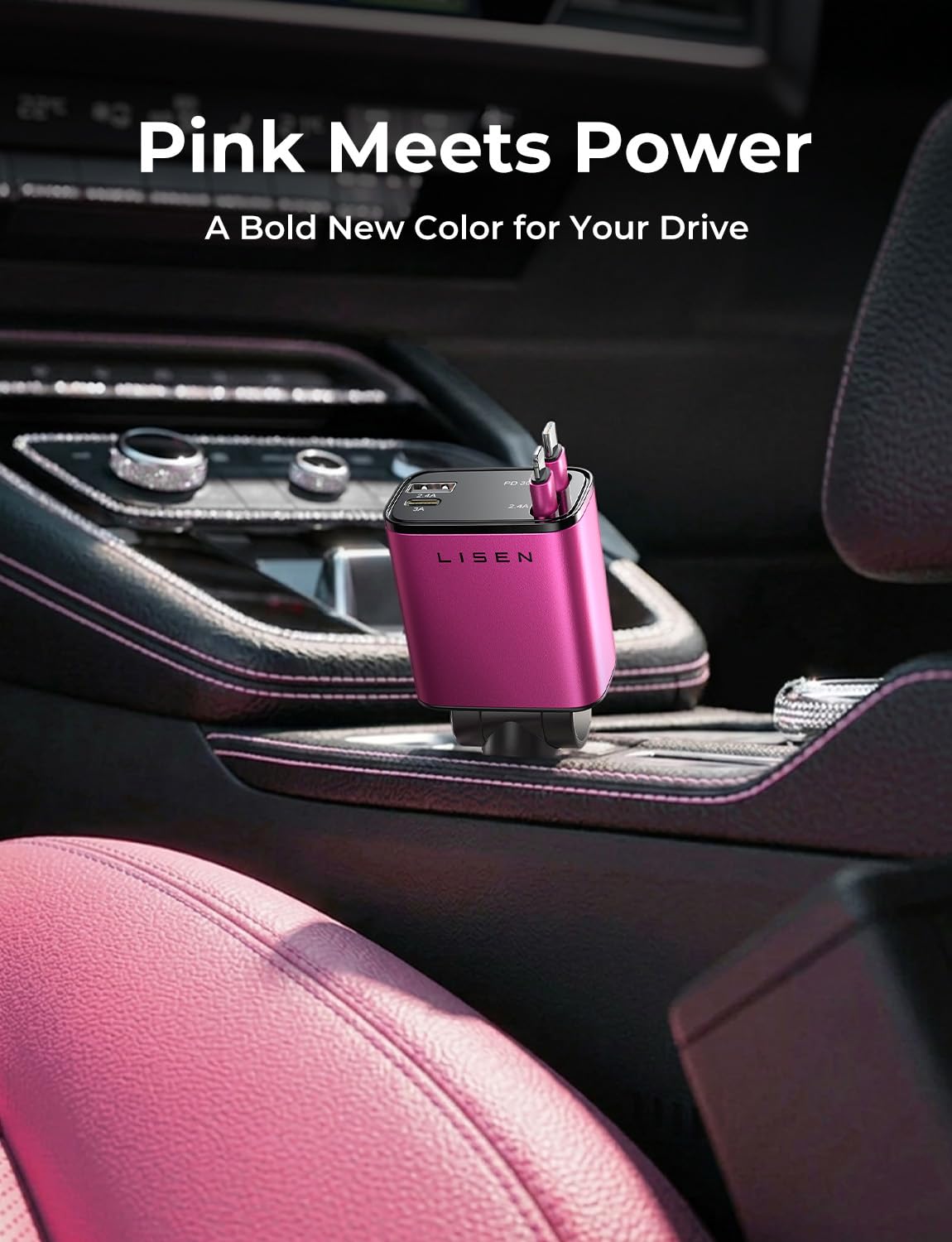 LISEN Retractable Car Charger, 84W Car Charger USB C Fast Charger Adapter, Car Accessories for Men Women, Gifts for Fathers Day for Men Dad Husband, for iPhone 17 16 15 14 13 12 Pro Max, Pink-Black view 2