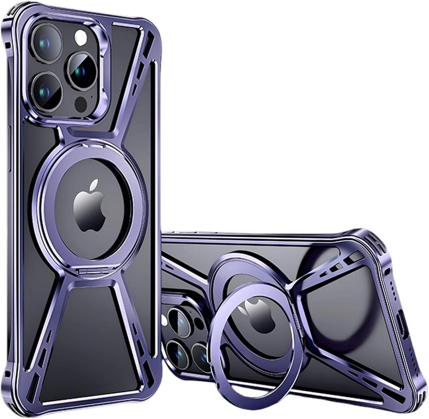 Case for iPhone 15 Pro Max/15 Pro, Compatible with MagSafe 360°Rotation Kickstand Metal Frameless Sleek Minimalist Hollow Heat Dissipation Slim & Lightweight (Purple, 15 Pro Max)