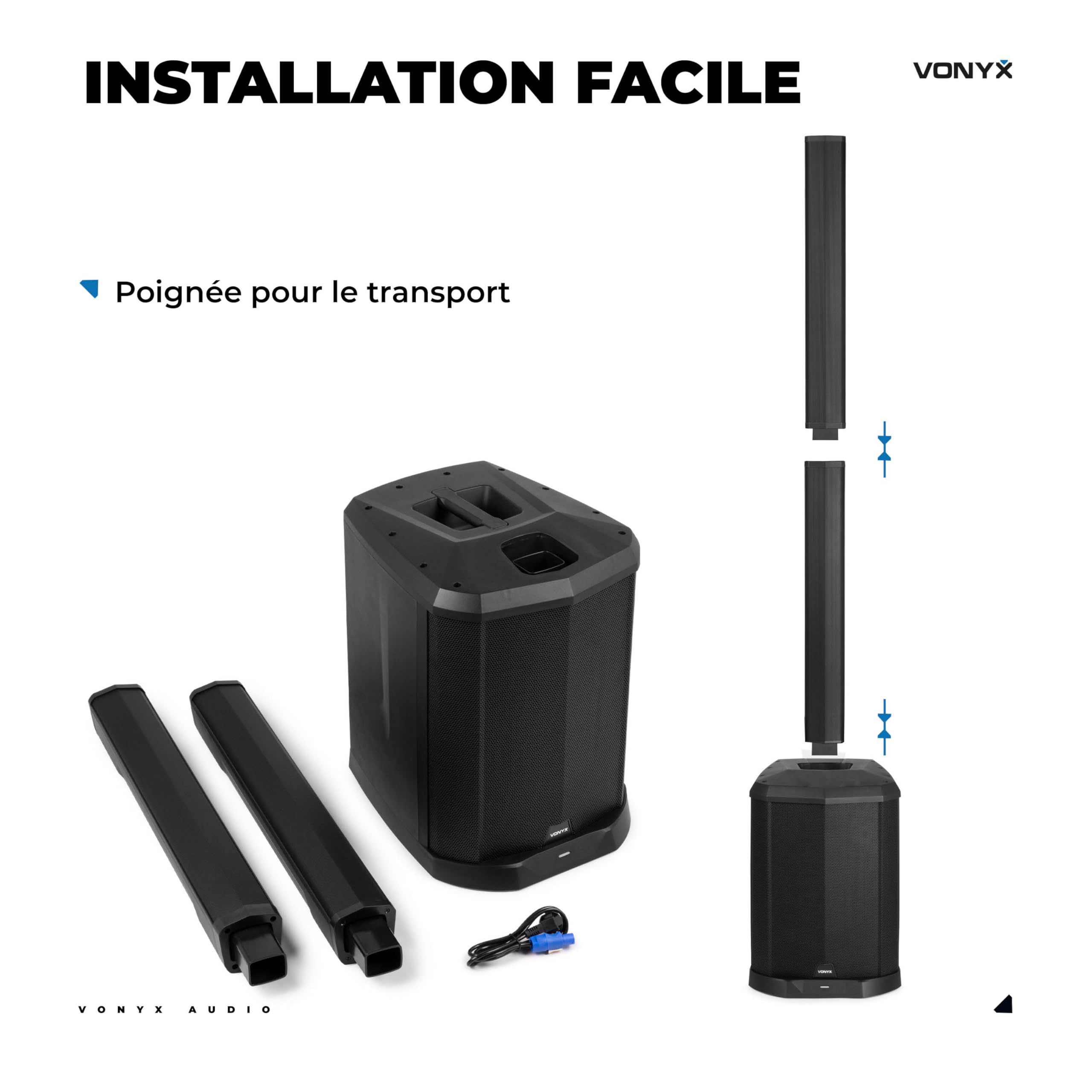 VONYX VX822 Enceinte Colonne Active 1800W avec Bluetooth et TWS, Caisson 12" et 8 Haut-Parleurs 3", DSP avec Préréglages, Entrées XLR Jack RCA, Écran LCD, Idéale pour DJ, Karaoké et Événements