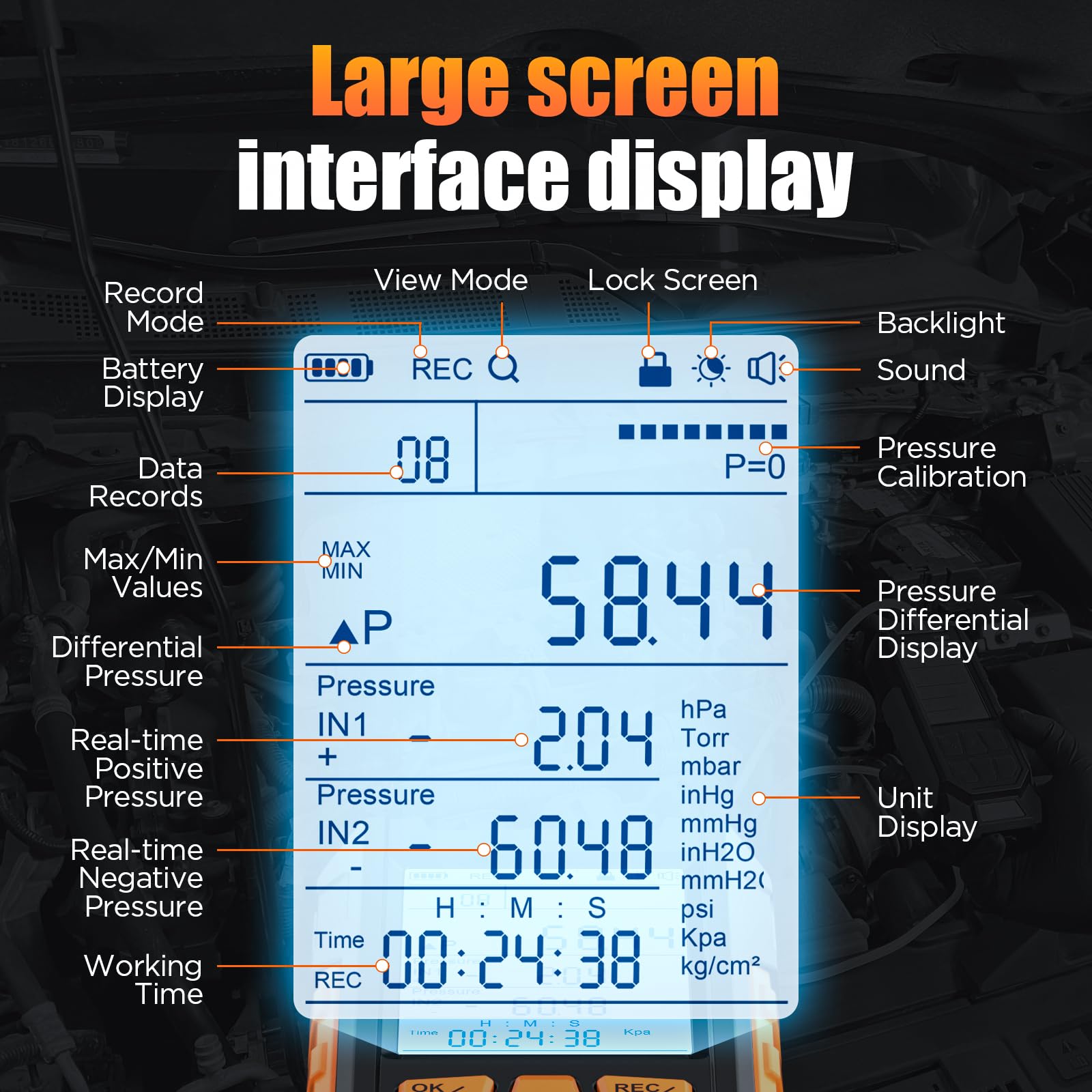 Vacuometro Digital, Manómetro Diferencial con Rango de Medición -100-200 kPa, Probador de Presión de Aire Gas Manómetro HVAC, 10 Unidades, Precisión ±0.3% FS