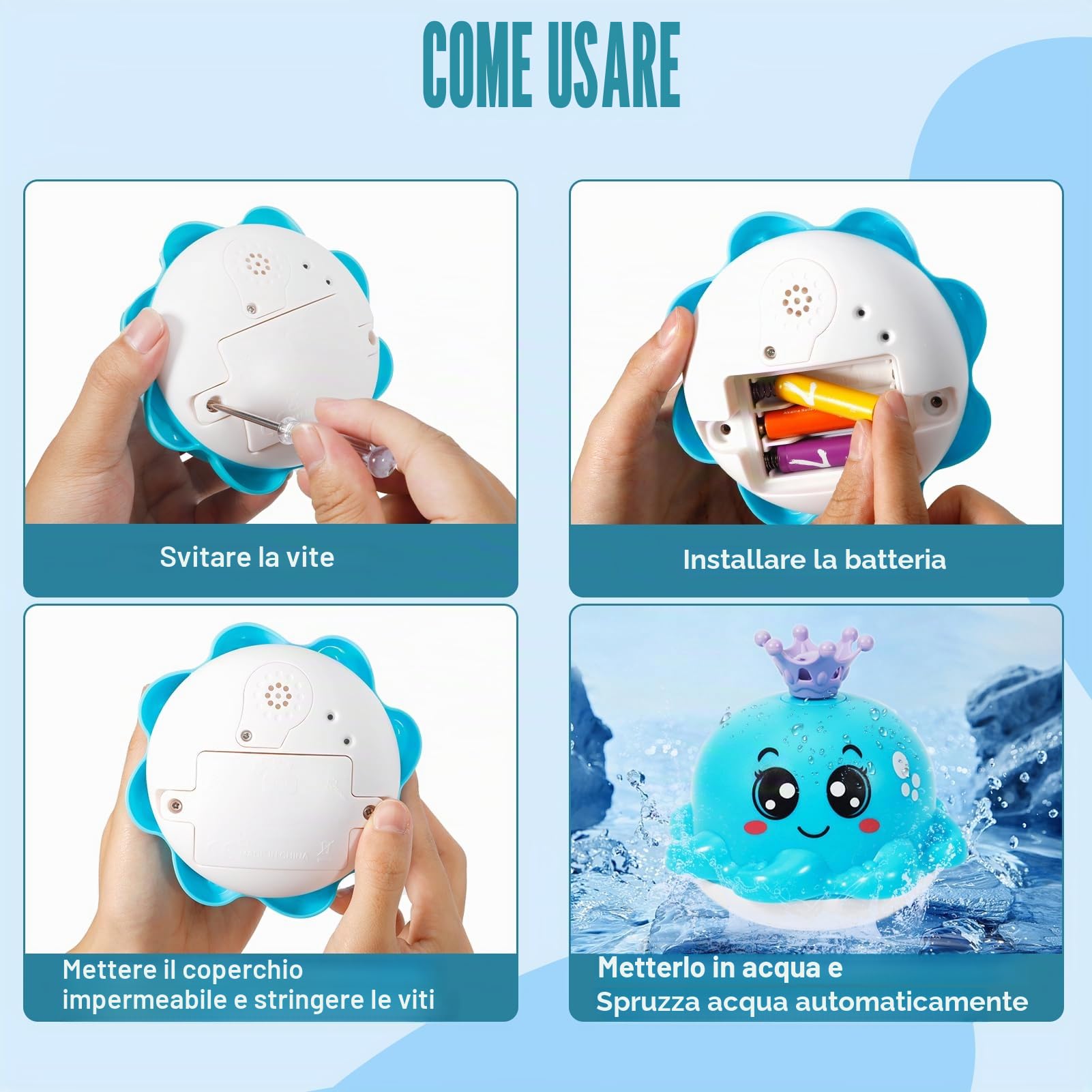 Giochi Bagnetto Neonato, Polpo Giochi Vasca da Bagno Bambini Spruzzo d'Acqua Automatico, Giochi Bagnetto con Luce a LED, 4 Teste di Spruzzo, Giocattoli da o Piscina per 1 2 3 Anno, Blu