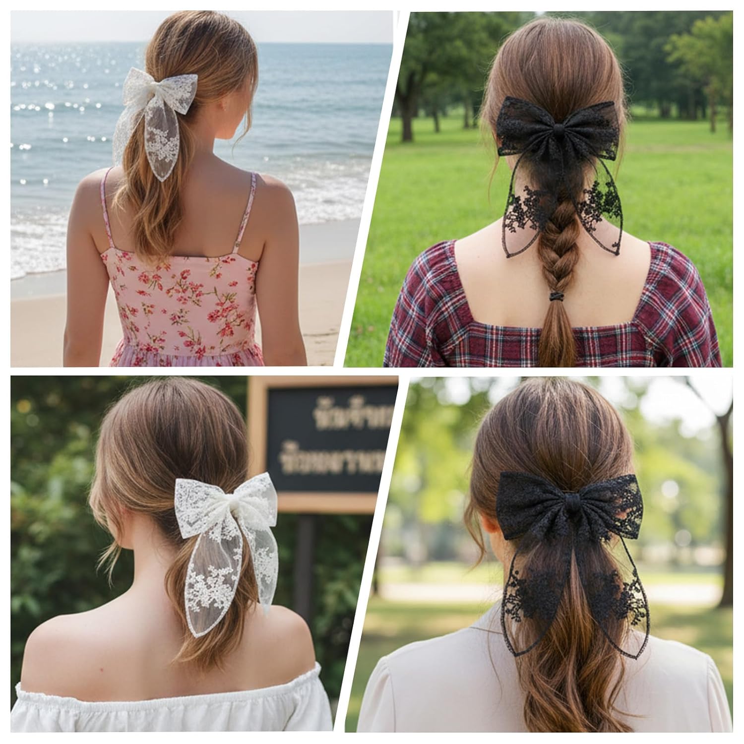 2 Pcs Large Lace Hair Bows for Women, Tulle Hair Bows Clips with Long Tail, Cute Translucent Mesh Bow Barrette for Wedding Pageant Prom Birthday Party Bridal Shower Gift (Black and White) - Image 5