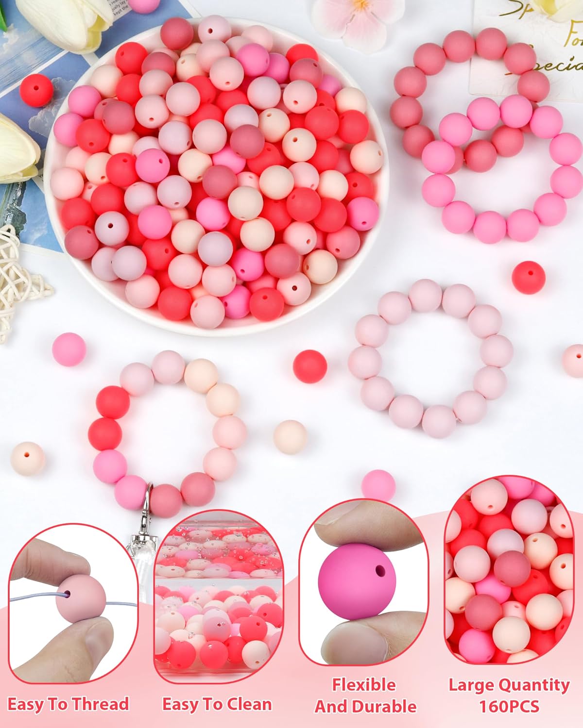 160PCS FIVEIZERO 15mm Silicone Beads for Keychain Making Valentine's Day Mixed Color Round Rubber Beads Bulk, DIY Craft Supplies for Bracelets Necklaces Pens(Pink) - Image 3