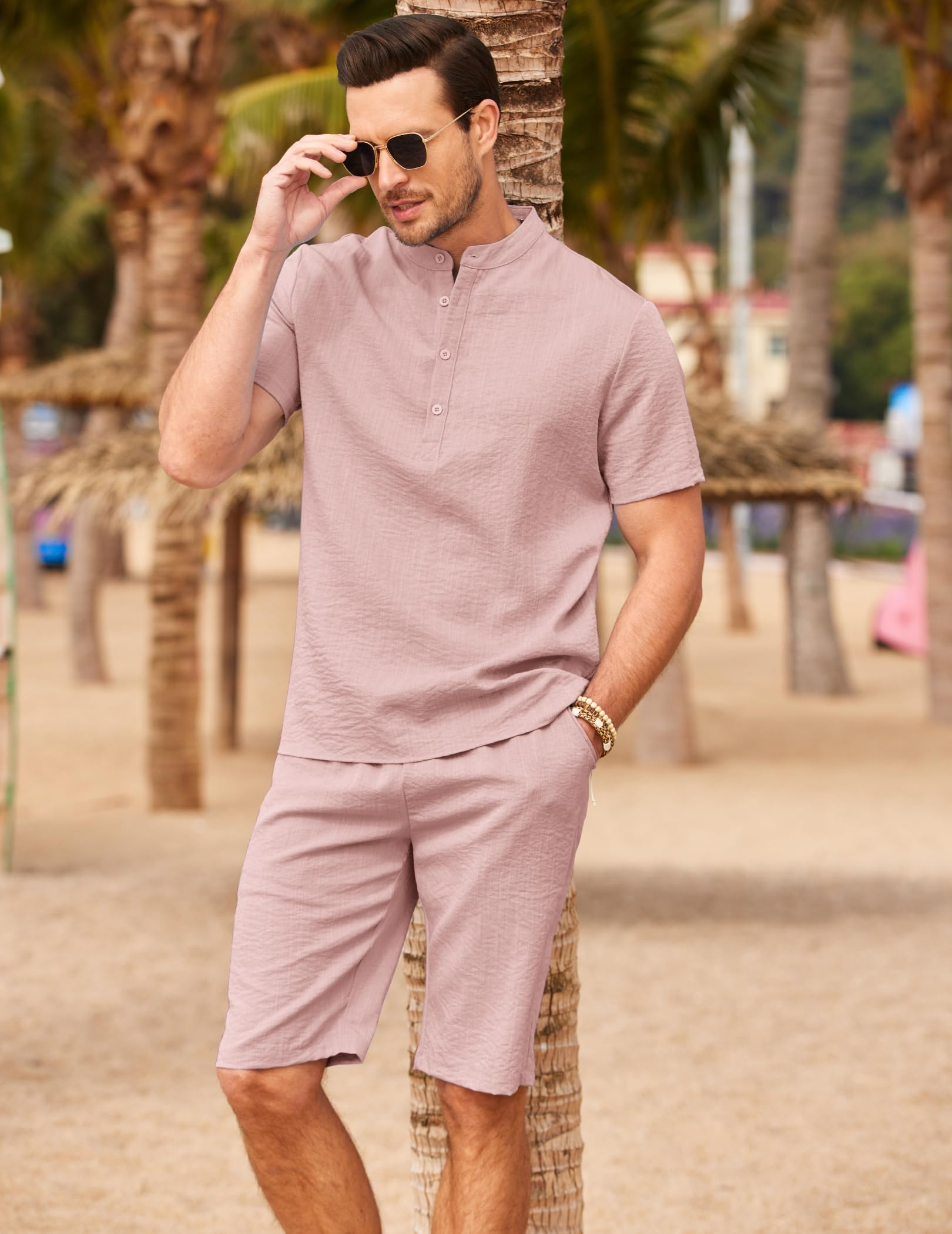 COOFANDY Set di 2 pezzi da uomo in lino casual Henley camicie a maniche corte da spiaggia pantaloncini da yoga pantaloni estivi | Chiusura con bottoni, spiaggia, estate, leggero, traspirante, coulisse regolabile