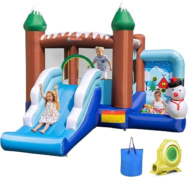 OLAKIDS منزل ارتداد قابل للنفخ ، موضوع ثلج عيد الميلاد للأطفال القفز القلعة مع حفرة كرة السلة المنزلق حافة كرة السلة ، دورة عقبة في الهواء الطلق قابلة للنفخ مع 680W منفاخ حمل حقيبة