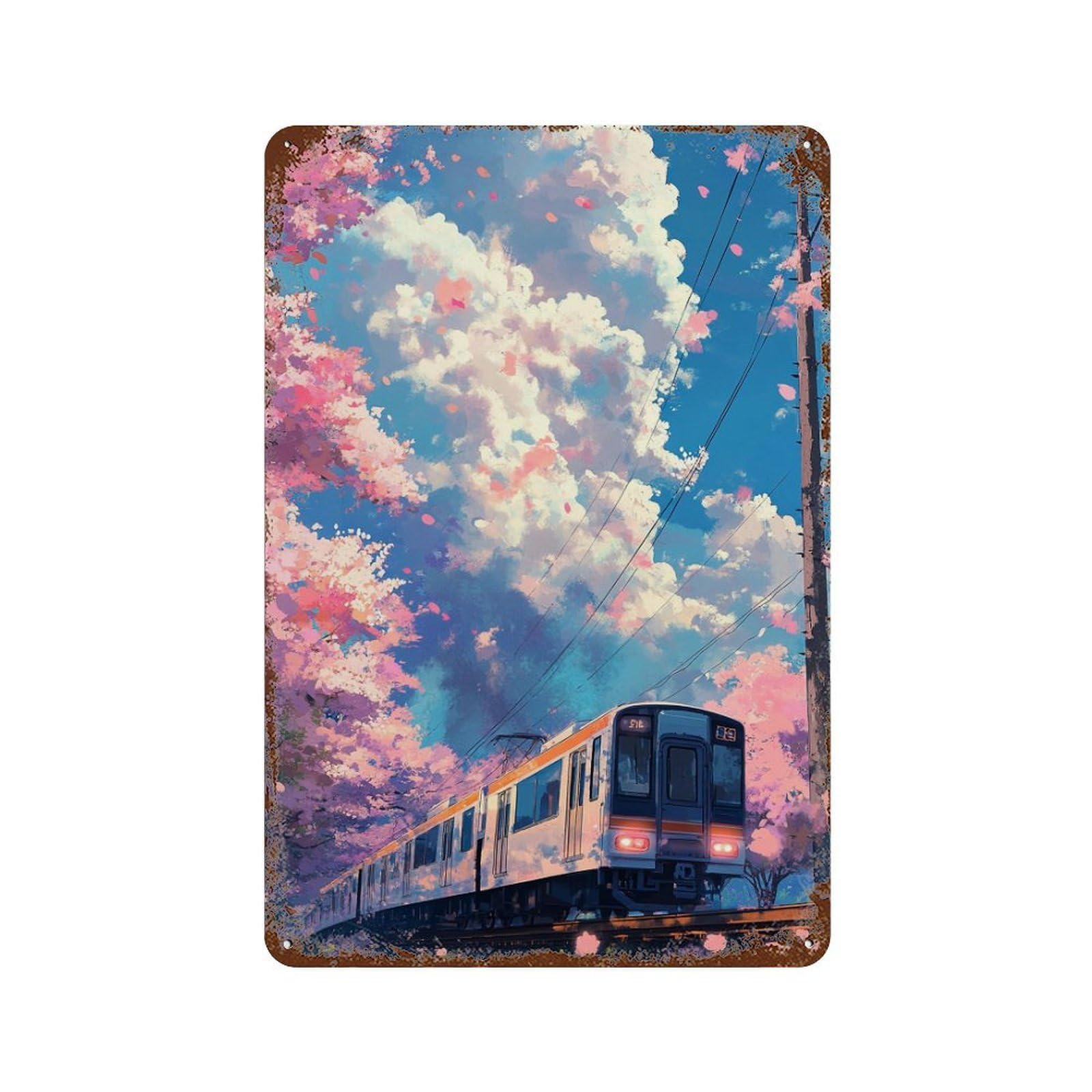 Cherry Blossom Train Journey Distressed Metal Wall Sign 11.8"x7.9", for Garage, Bar And Workshop Decor, Decorative Metal Wall Art