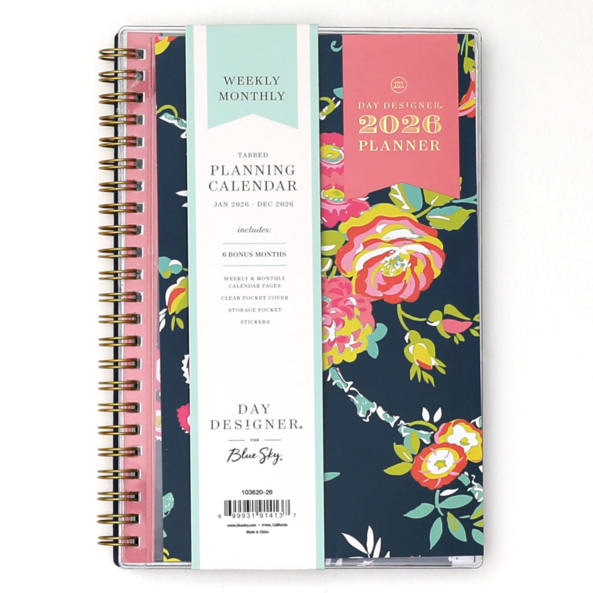 Blue Sky Day Designer 2026 Weekly and Monthly Planner Calendar, January 2026 - December 2026, 5" x 8", Clear Pocket Cover, Durable Twin Wire Binding,