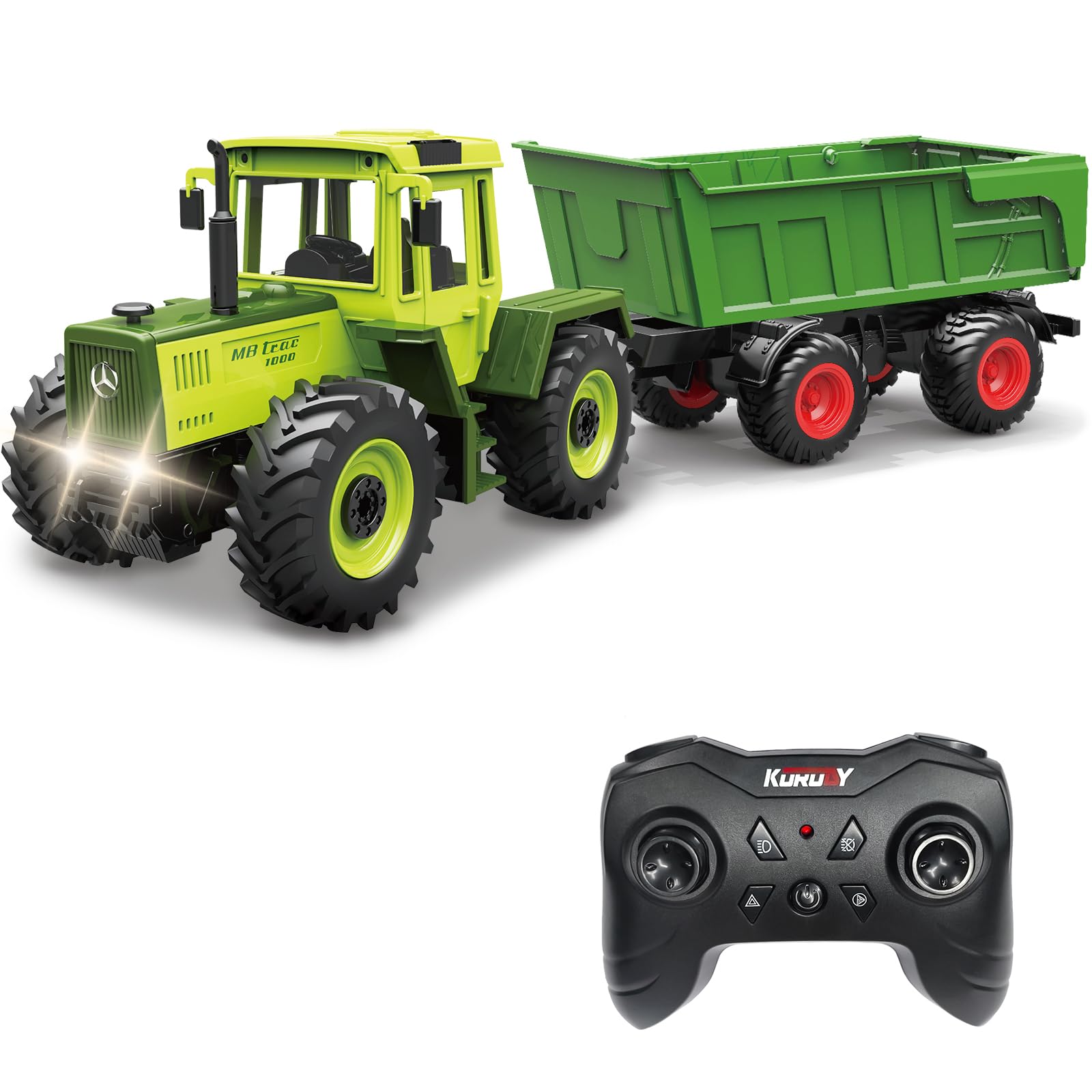 Bonikita Remote Control Tractor toy with Trailer, Automatic Lifting Function, LED Lights & 2 Rechargeable Batteries, Toy for Kids Aged 3+