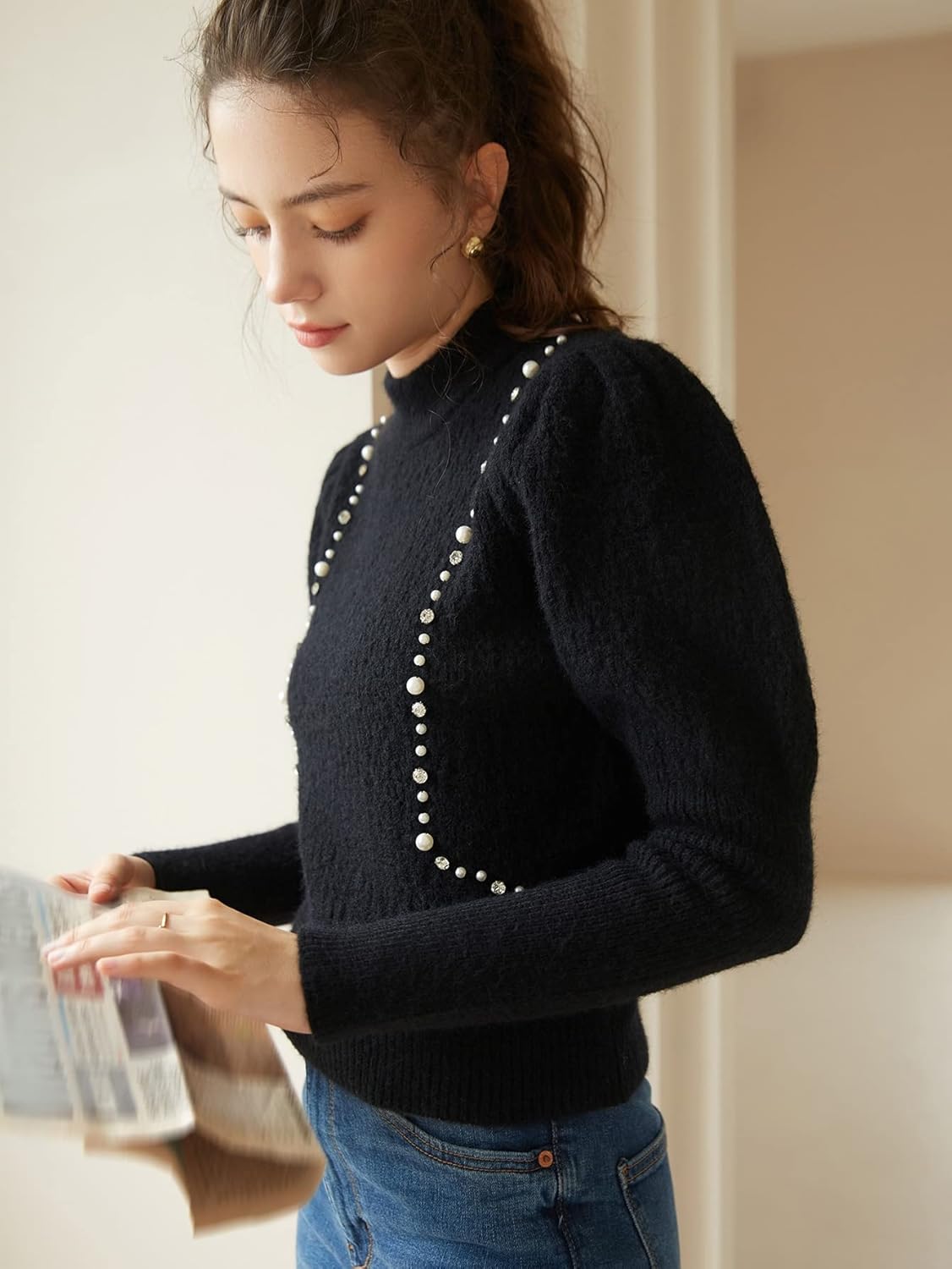 Women's Sweater Pearls Beaded Mock Neck Gigot Sleeve Sweater Sweater for Women (Color : Black, Size : Medium)